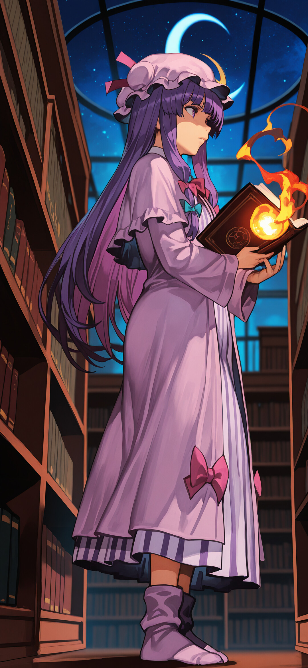A girl with long purple hair, identified as Patchouli Knowledge, stands in a vast library at night, casting a large fireball with one hand while holding a book in the other.