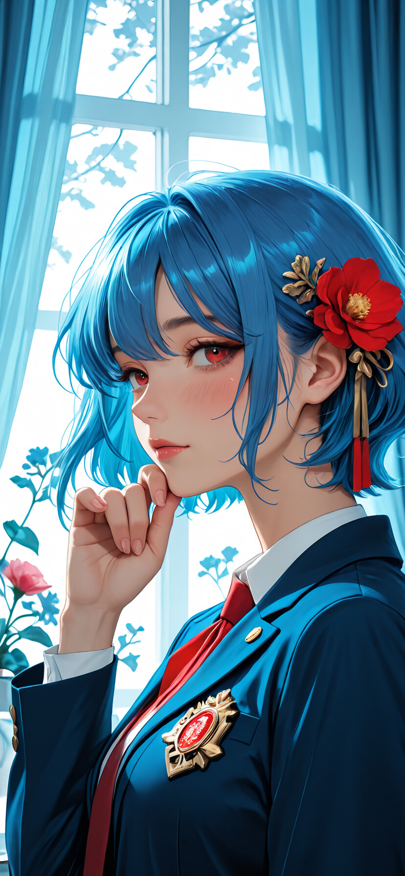 An anime-style illustration of a young woman with short blue hair and red eyes, wearing a blue school uniform. She is holding a red flower and has her other hand to her chin in a pensive pose, standing next to a window with light blue curtains.