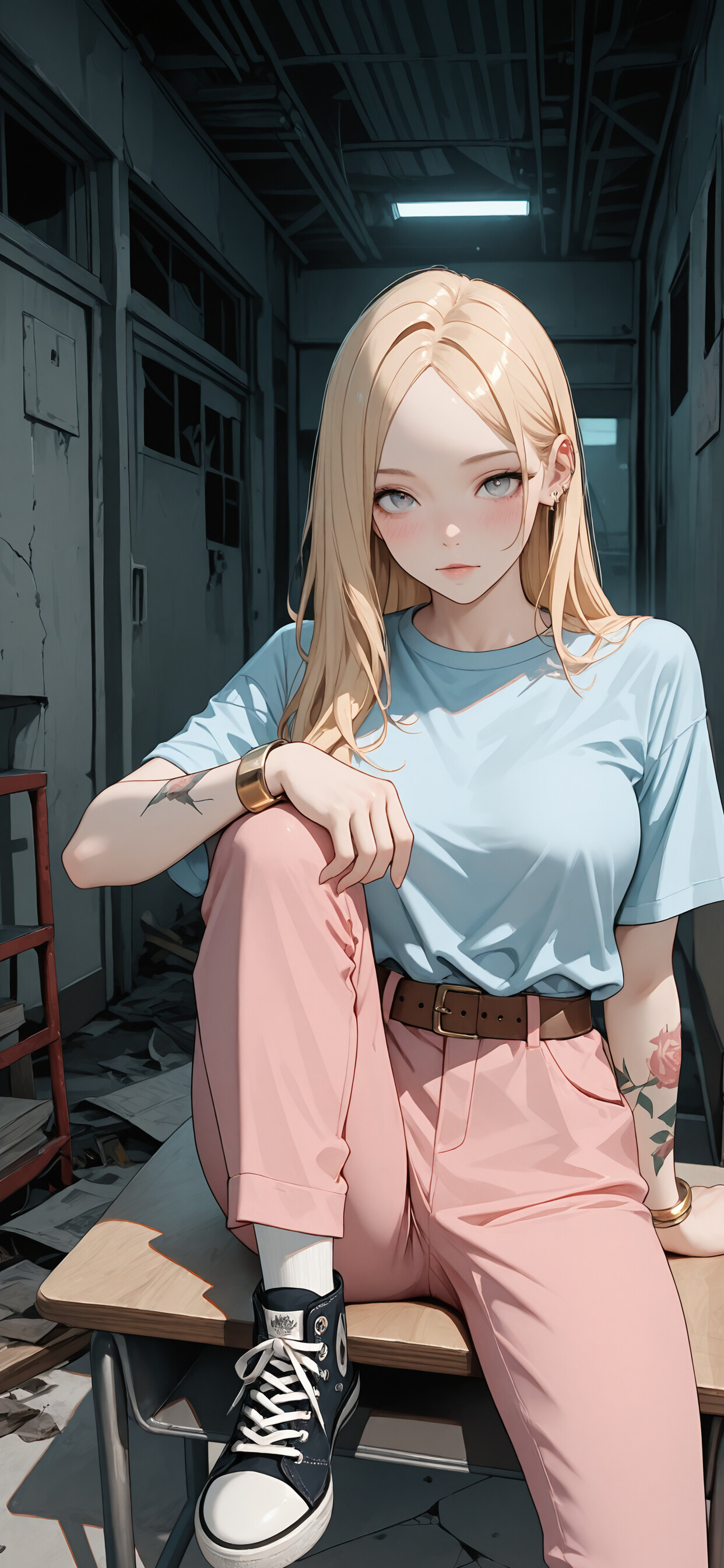 A full-body illustration of a young woman with long blonde hair and grey eyes sitting on the floor of a dark, urban hallway. She is wearing a light blue t-shirt, pink pants, and black sneakers, and is looking at the camera with her chin resting on her hand.