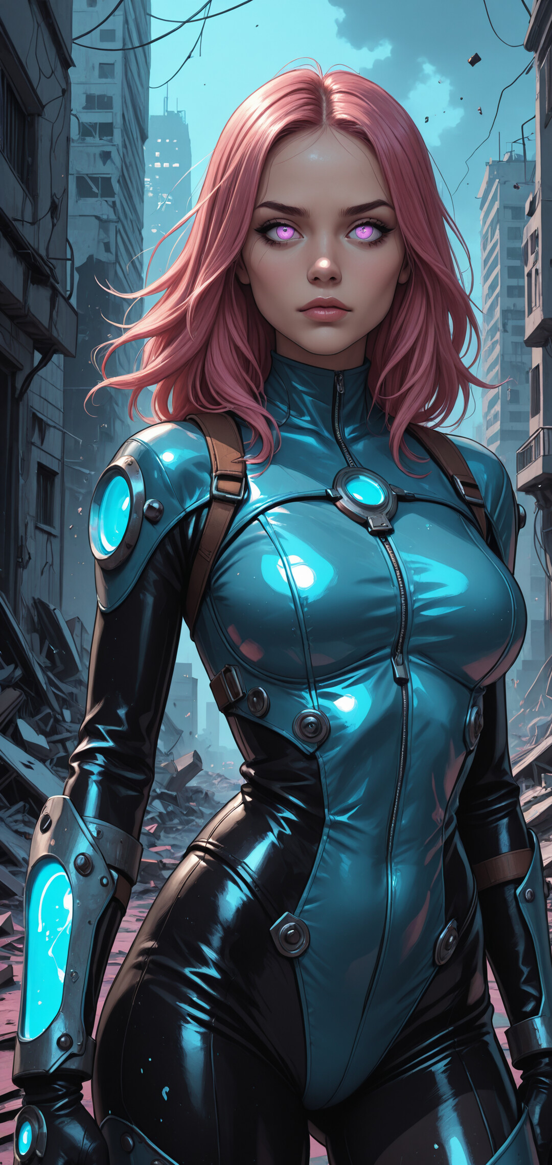 A woman with pink hair and glowing purple eyes in a futuristic blue and black armored suit stands in a destroyed city street, holding a large sci-fi weapon.