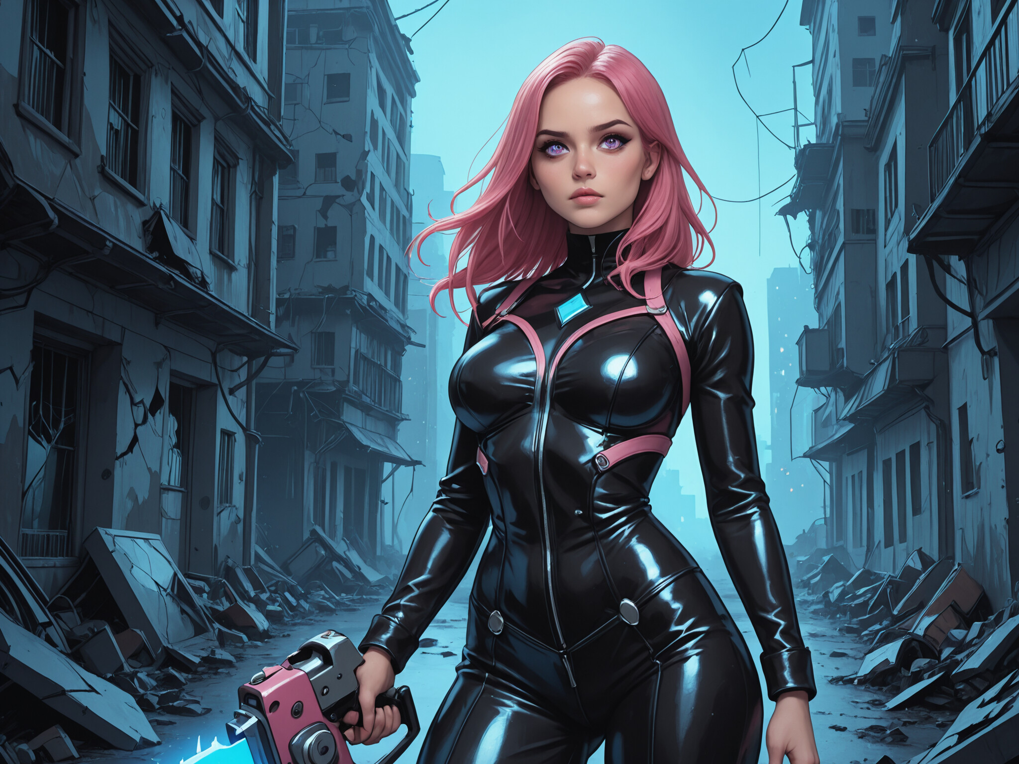 A woman with pink hair and glowing purple eyes in a futuristic blue and black armored suit stands in a destroyed city street, holding a large sci-fi weapon.