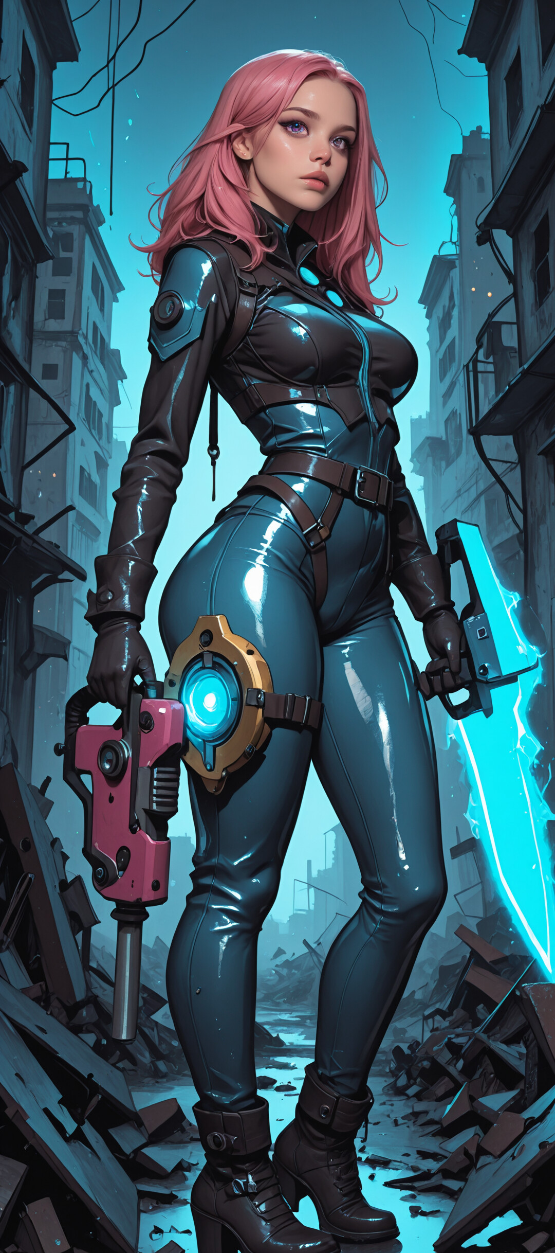 A full-body illustration of a woman with pink hair in a tight black outfit, standing in a ruined city alley. She holds a large glowing pink sword and looks over her shoulder at the viewer.