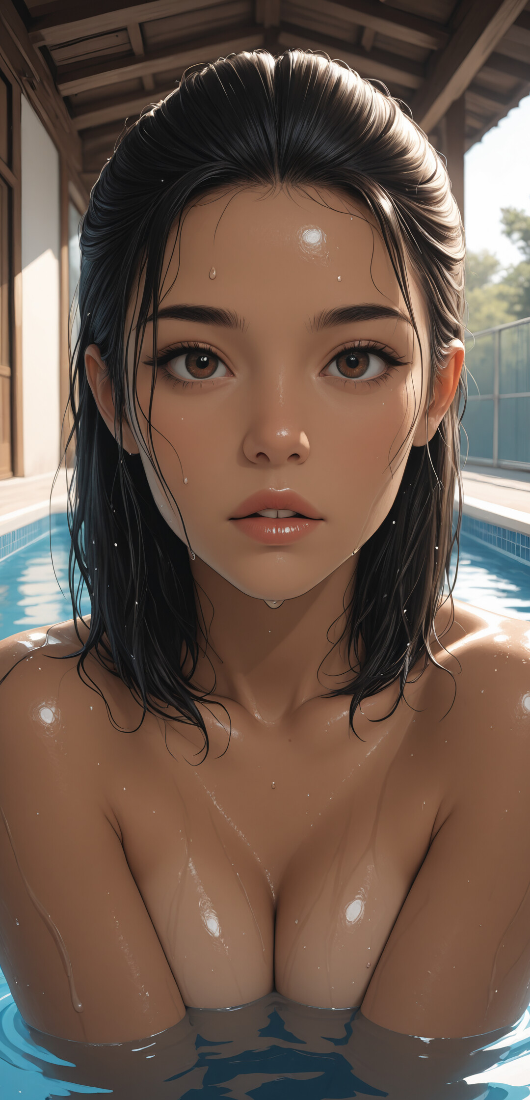 A close-up digital portrait of a beautiful young woman with wet black hair and intense brown eyes, looking directly at the camera while resting her crossed arms on the edge of a swimming pool.