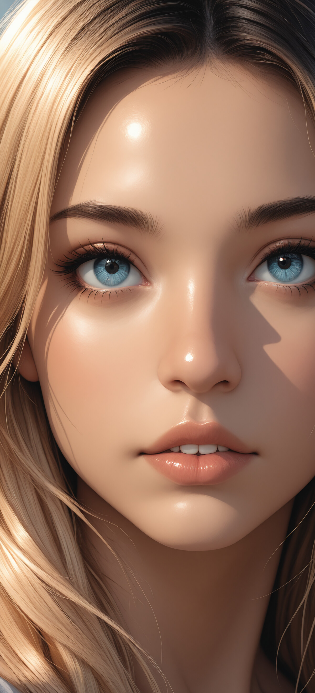 A close-up portrait of a young woman with fair skin, long blonde hair, and large, detailed blue eyes, looking directly forward with a neutral expression.