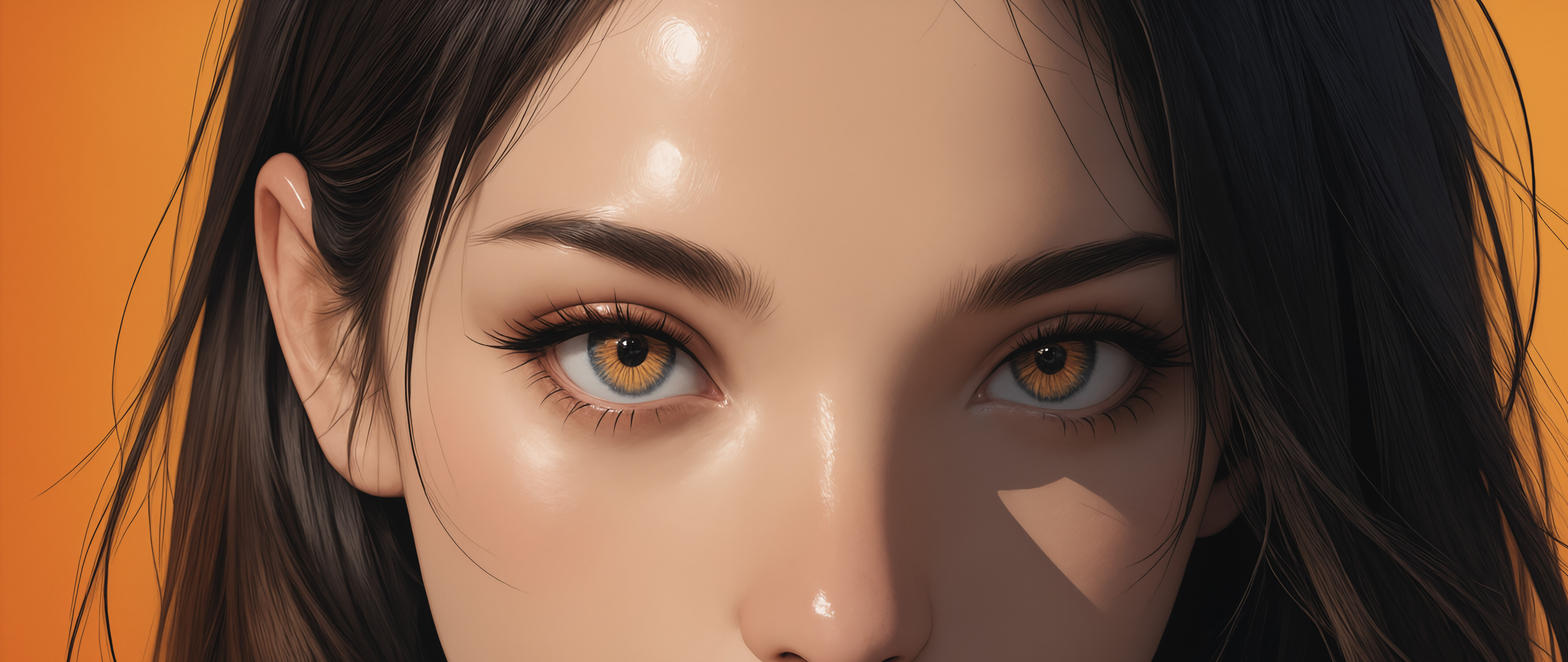 A close-up portrait of a young woman with fair skin, long blonde hair, and large, detailed blue eyes, looking directly forward with a neutral expression.