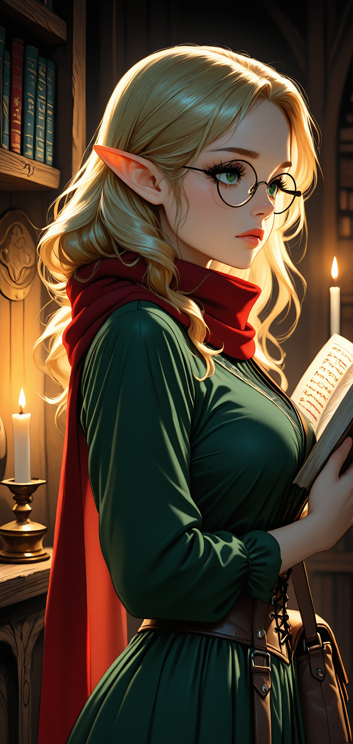 A close-up portrait of a beautiful female elf with medium-length blonde hair, pointed ears, and large green eyes. She is wearing round glasses, a red scarf, and a green tunic, standing in a library with lit candles and bookshelves in the background.