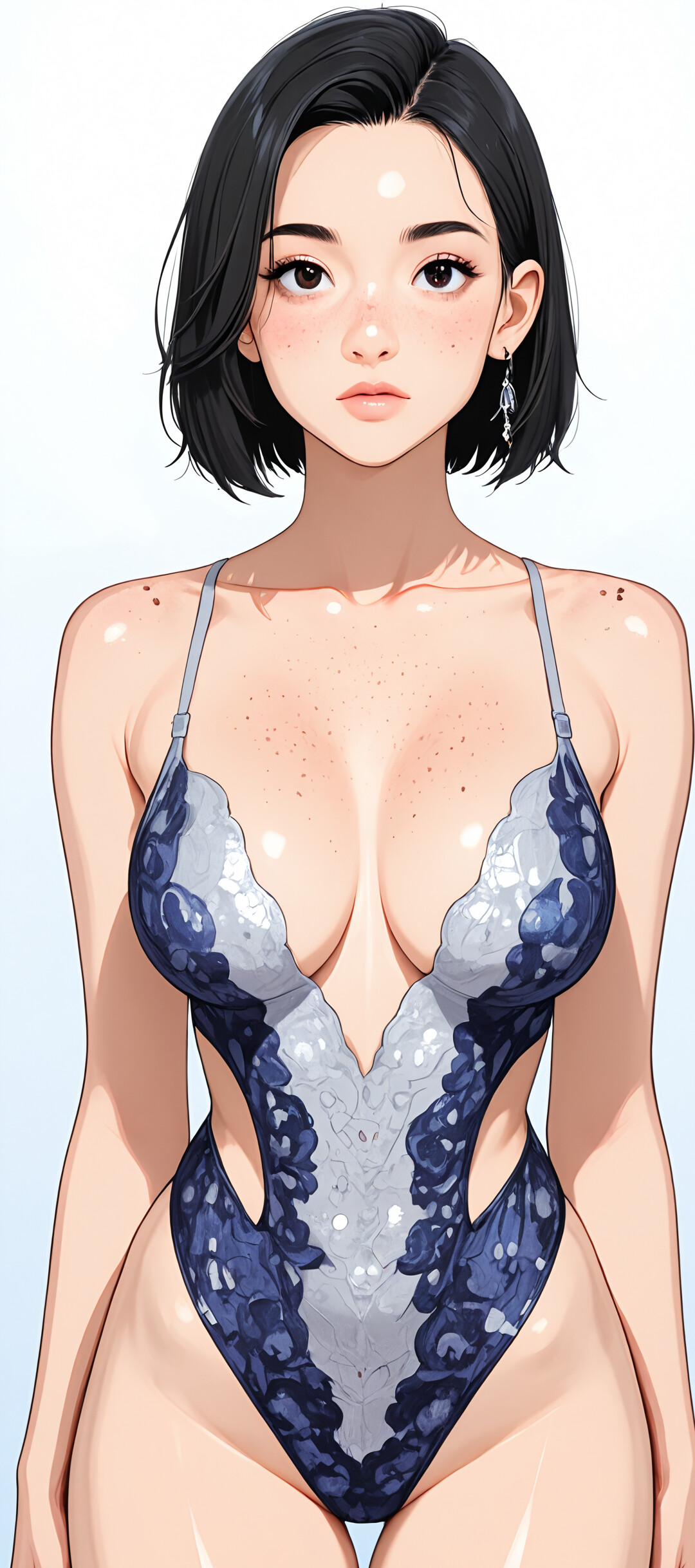 A close-up portrait of a young woman with long, wavy platinum blonde hair and fair skin. She has large, detailed blue eyes, a light blush, and freckles across her nose. She looks directly at the camera with a gentle expression against a pink background.