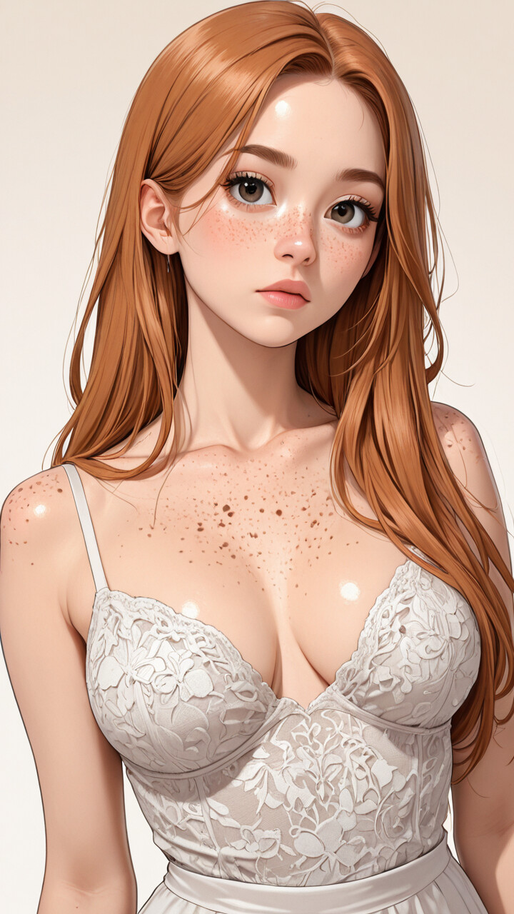 A close-up digital illustration of a young woman with long blonde hair, big brown eyes, and freckles across her nose and cheeks. She is looking slightly to her right with a pensive expression and is wearing a small stud earring.