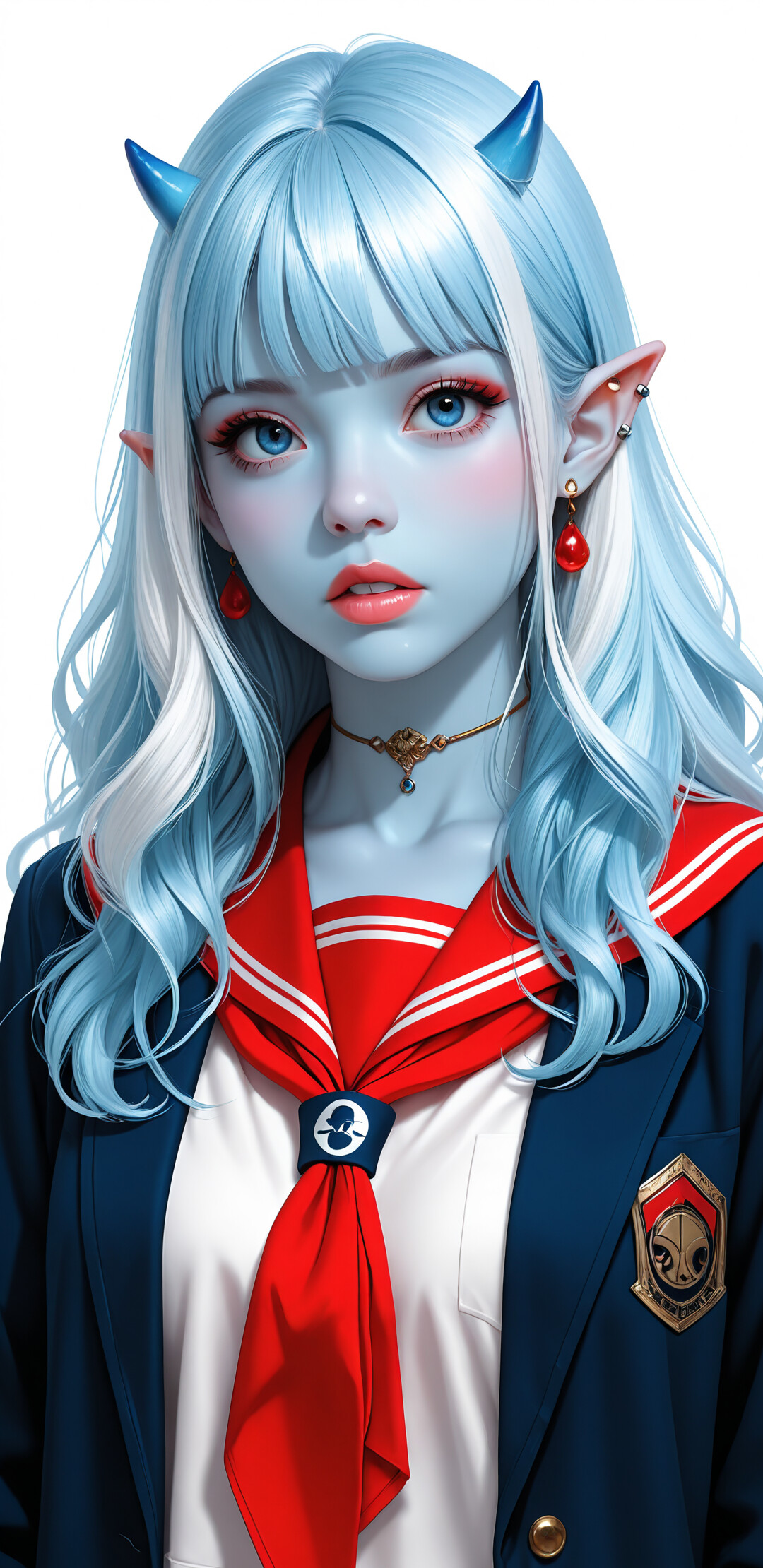 A head and shoulders portrait of a fantasy girl with light blue skin, long light blue hair, and bright blue eyes. She has small blue horns, pointed ears with red earrings, and is wearing a red and white sailor school uniform.