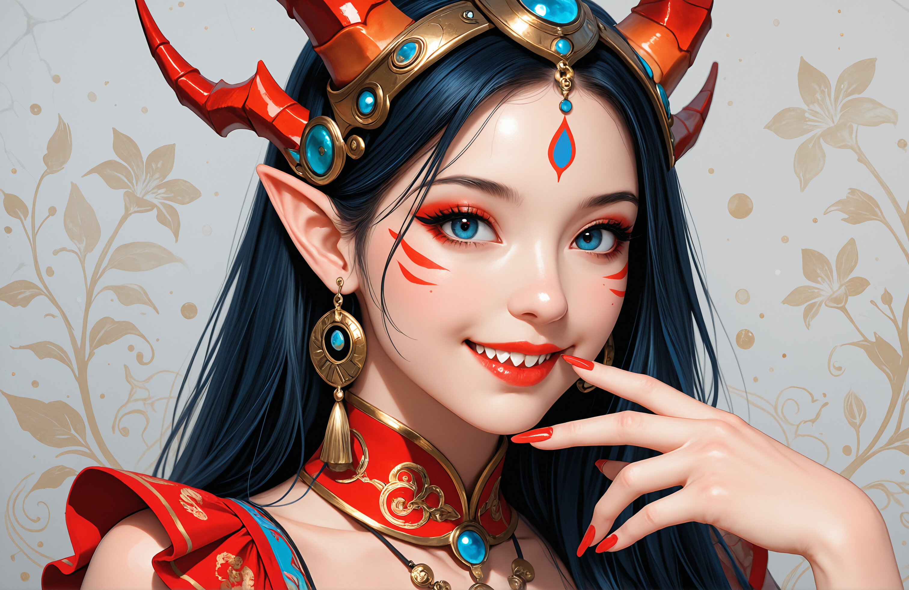A close-up portrait of a fantasy elf with long dark blue hair, bright blue eyes, and pointy ears. She wears a golden tiara with red dragon horns, has red face paint, and is smiling while touching her chin.