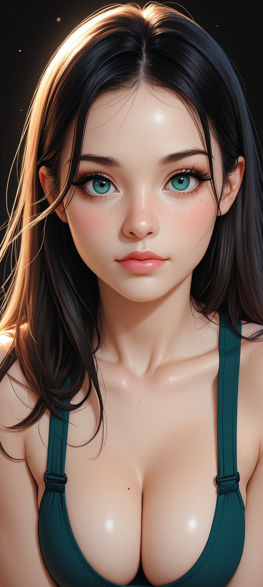 A digital portrait of a young woman with long black hair, bright green eyes, and freckles, wearing a teal sports bra and looking directly at the viewer against a dark background.
