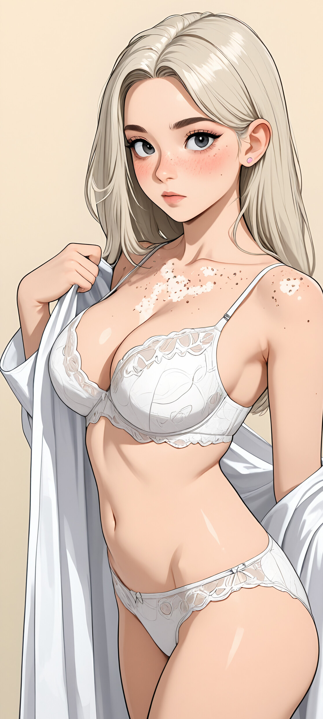 A digital illustration of a young woman with long brown hair, large brown eyes, and freckles. She is looking towards the viewer with a gentle expression, wearing a teal top with a sheer white lace covering, and a single pearl earring.