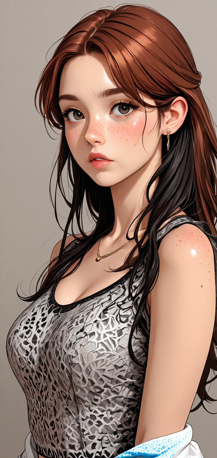 A digital illustration of a young woman with short, wavy auburn hair, big brown eyes, and freckles, looking directly at the viewer against a plain background.