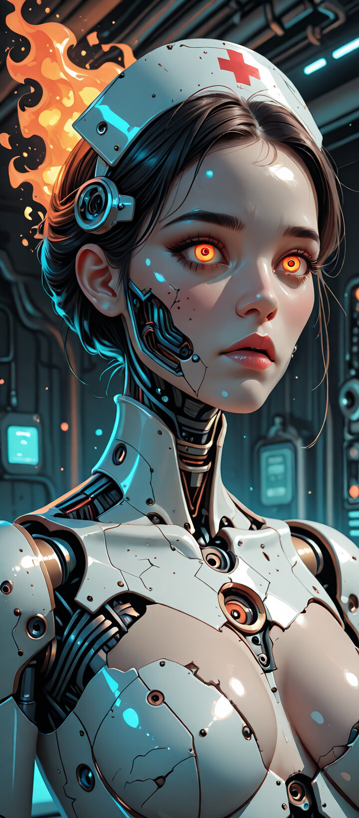A head and shoulders portrait of a female android with a human-like face, brown hair, and glowing orange eyes. Her robotic body is white with a glowing orange core, and she is standing in a futuristic, industrial hallway.