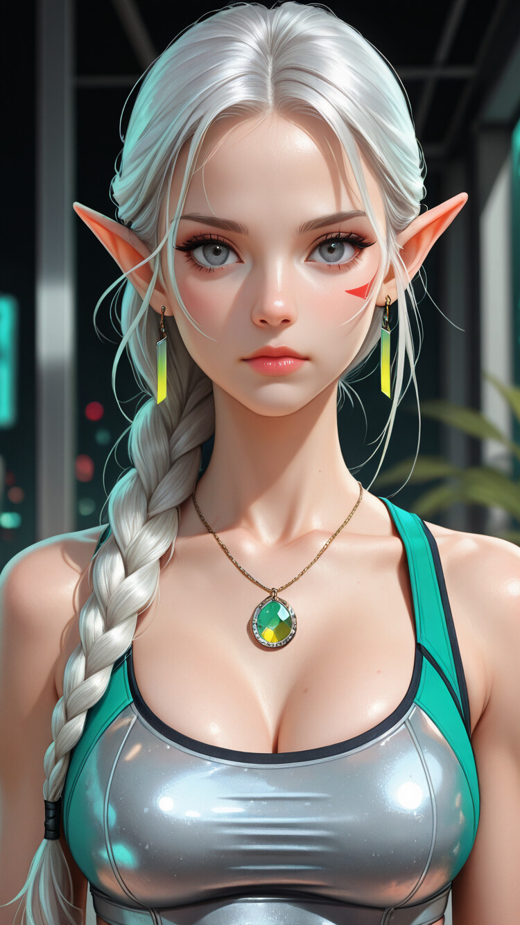 A close-up portrait of a young woman with elf ears and long, braided white hair. She has grey eyes, pink markings on her cheeks, and wears a teal top, gold earrings, and a necklace with a green gem, looking directly at the camera with a neutral expression against a dark, blurry background.