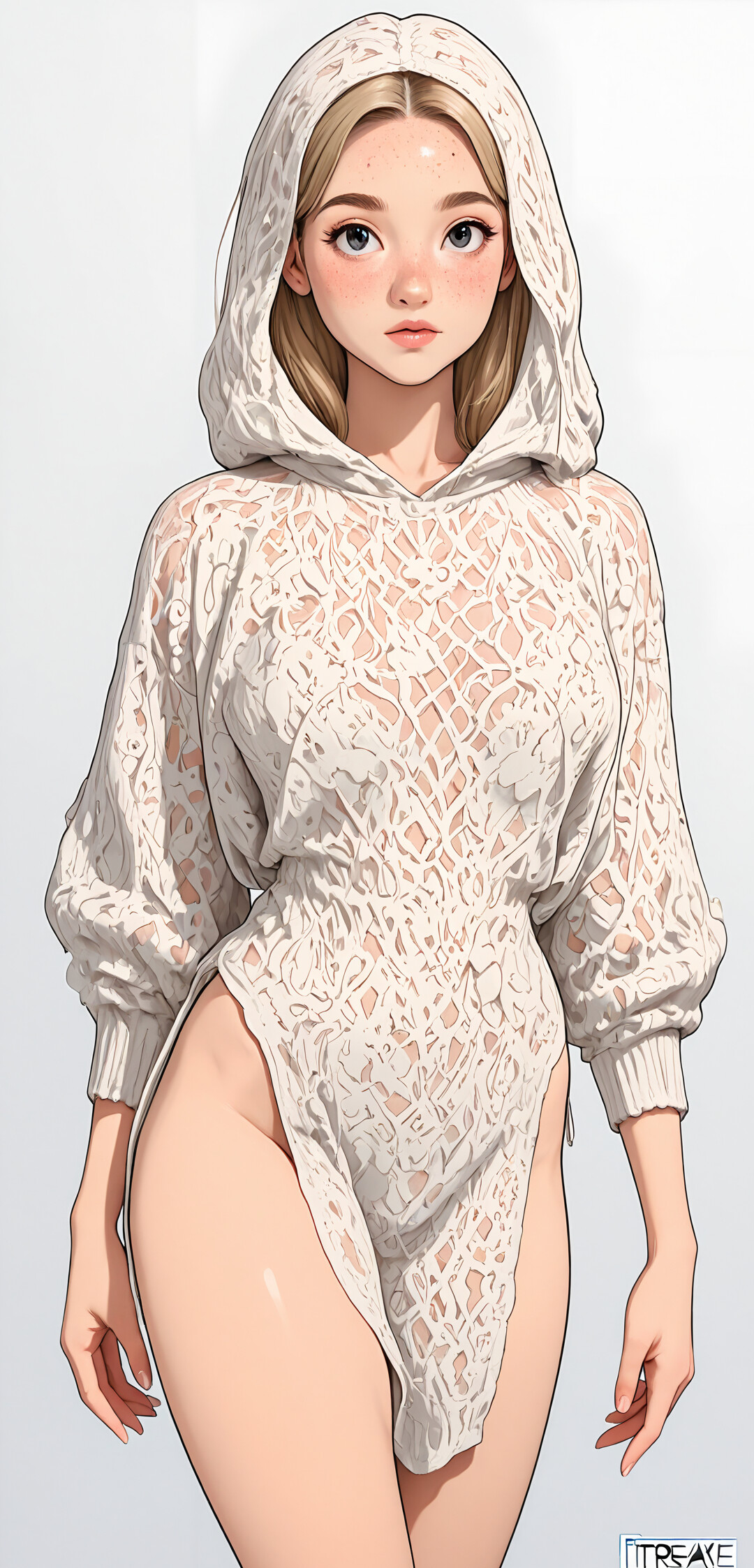 A close-up digital illustration of a young woman with long platinum blonde hair, big blue eyes, and freckles on her face and shoulders. She is looking slightly to the side with a gentle expression and is wearing a white top.