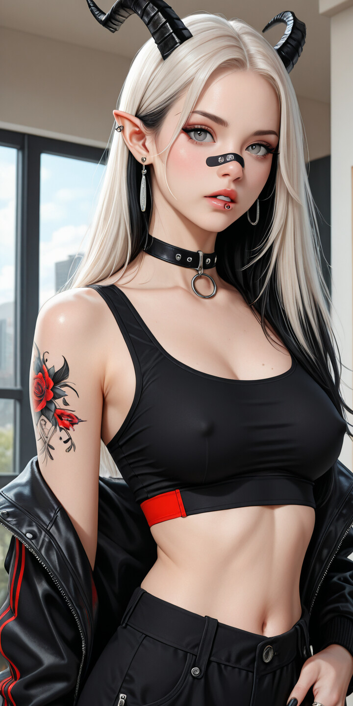 A digital illustration of a stylish young woman with platinum blonde and red hair, large black and red demon horns, and pointy ears. She has tattoos on her arm, wears a black crop top and leather jacket, and stands before a large red circle.