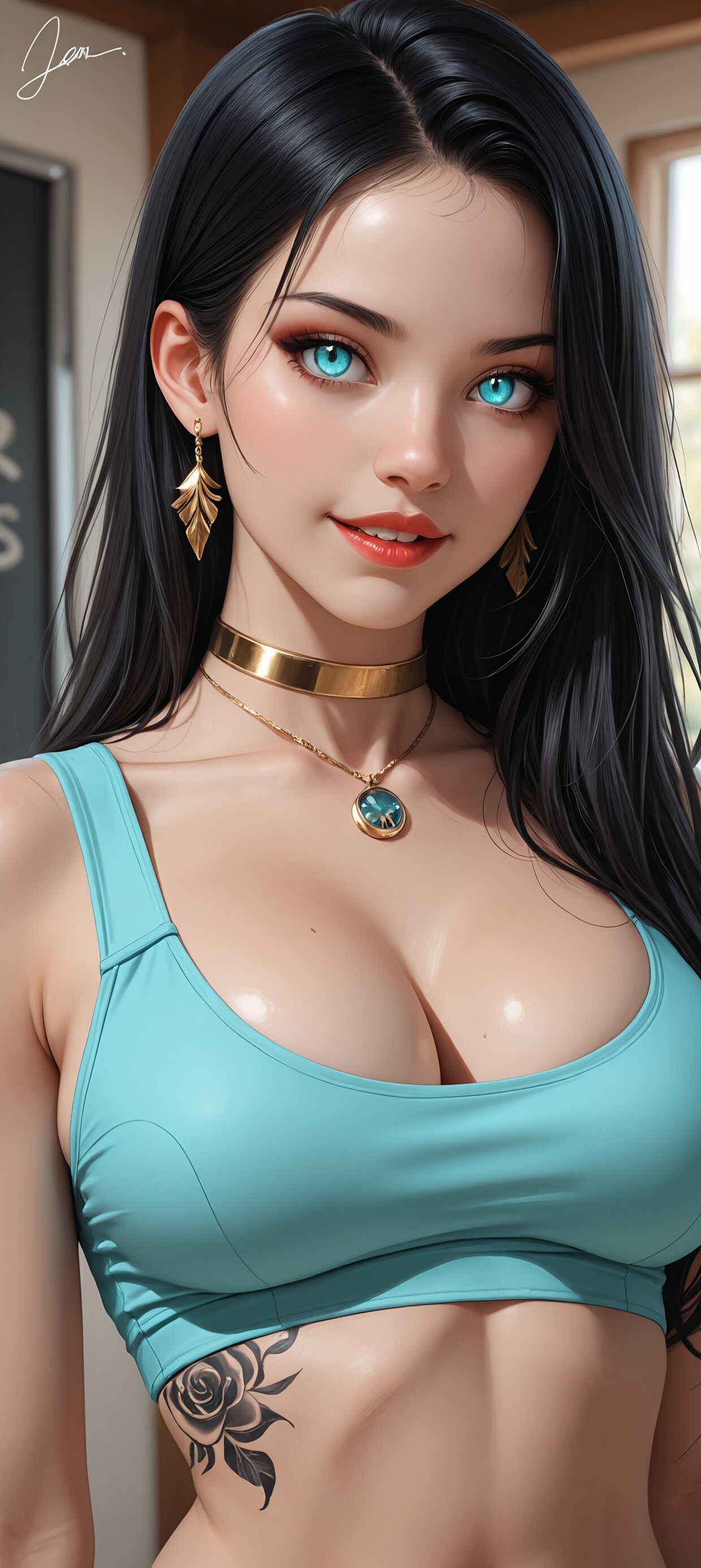 A close-up portrait of a young woman with long black hair, piercingly bright blue eyes, a gold choker, and a blue rose tattoo on her chest, looking directly into the camera.
