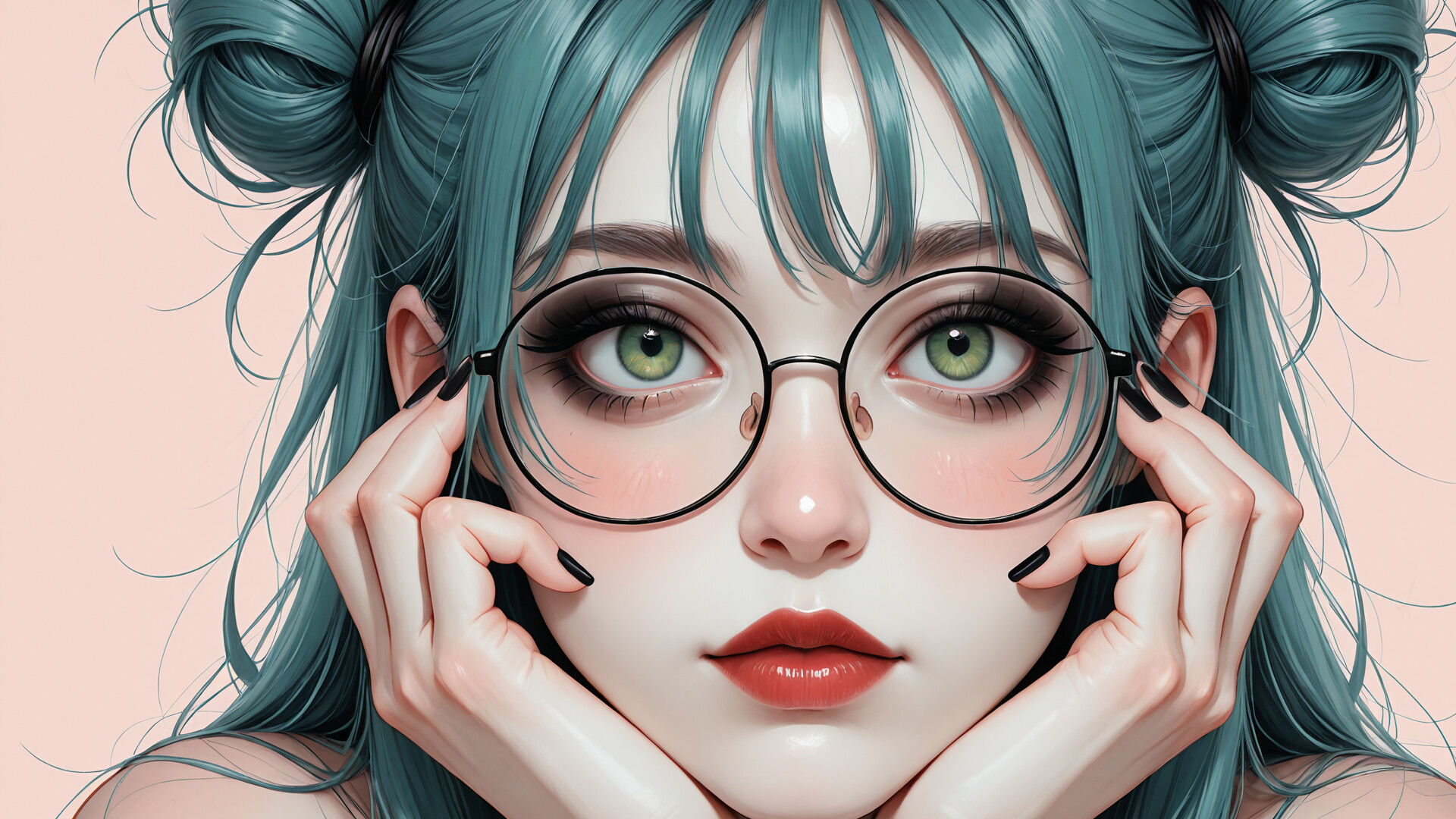 A digital portrait of a young woman with long teal hair in double buns and bangs. She is wearing round glasses, has green eyes and red lipstick, and is resting her face in her hands, which have black painted nails, against a soft pink background.