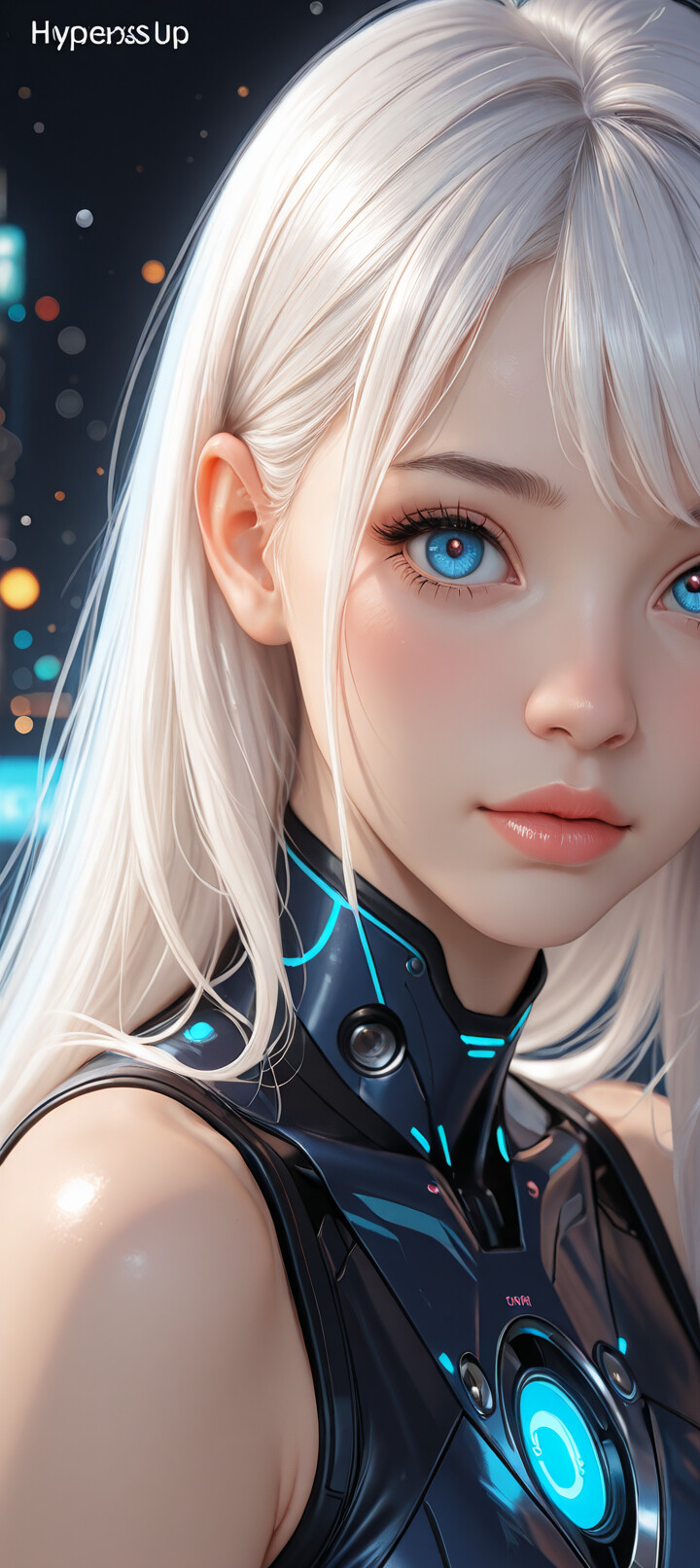 A close-up digital portrait of a beautiful young woman with long white hair and striking blue eyes. She is wearing a futuristic white and blue suit and looking up and to the side, with a space-like environment visible in the background.