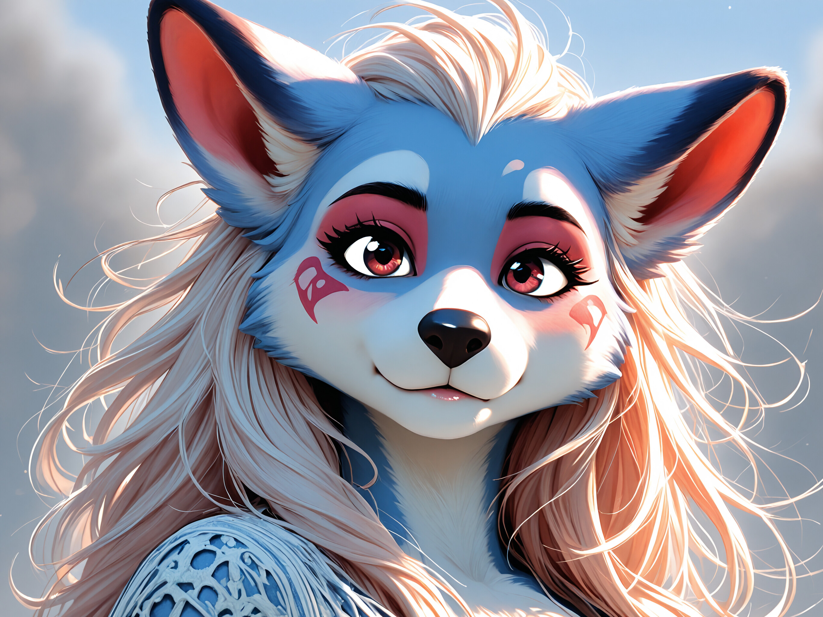 A head and shoulders portrait of a female anthropomorphic white fox with long white hair, large blue eyes, and a gentle expression, set against a plain light grey background.