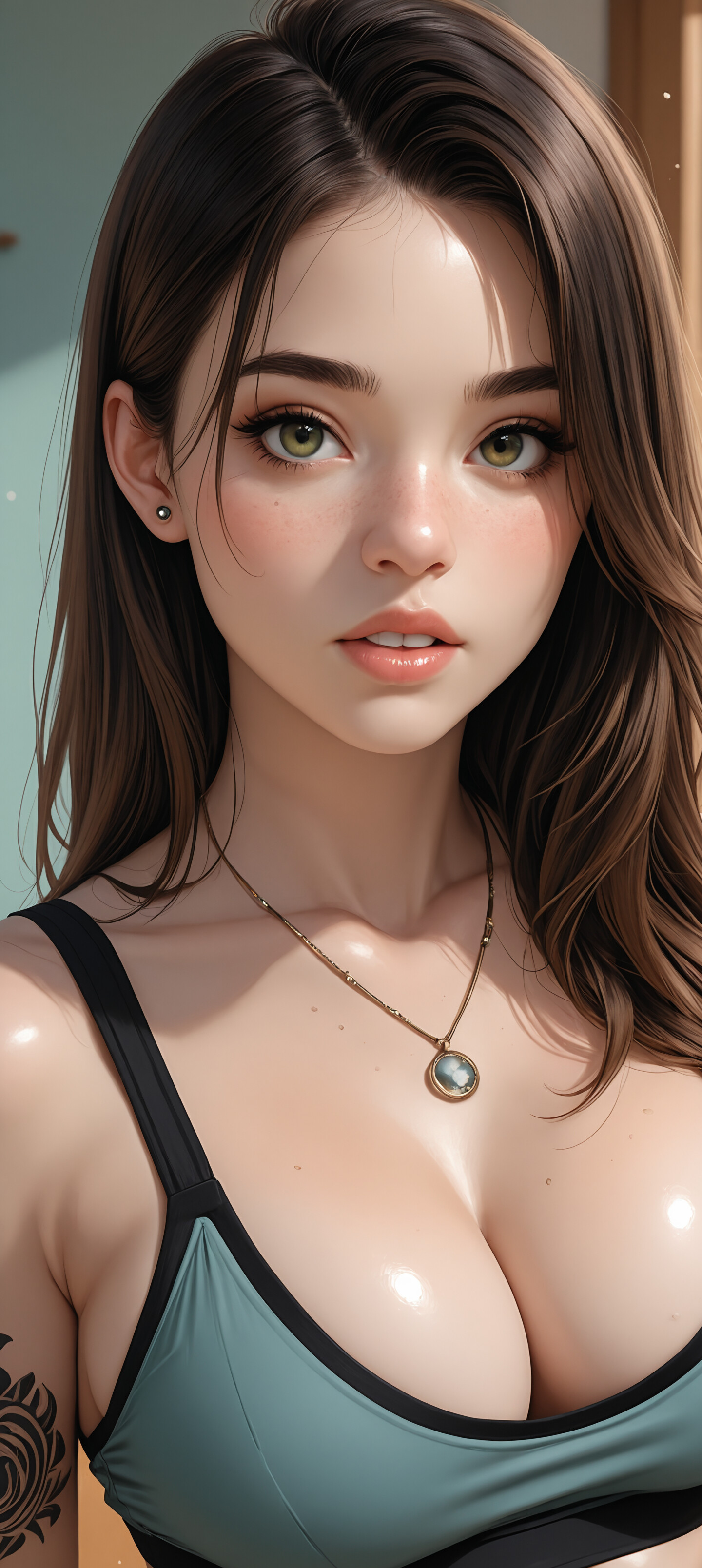 A close-up portrait of a young woman with long brown hair, green eyes, and freckles, wearing a teal sports bra and a simple necklace. She has a tattoo on her arm and is looking directly at the camera in a softly lit room.