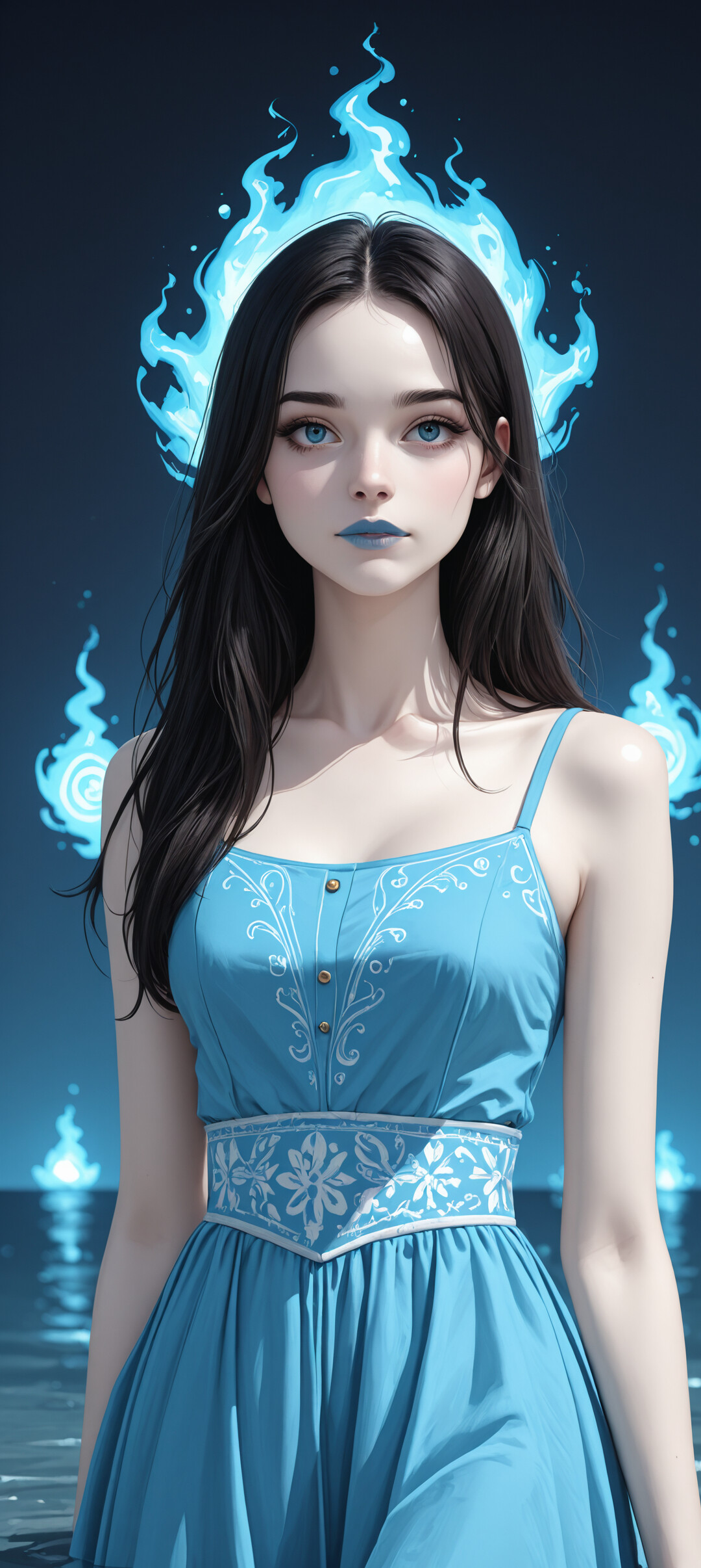 A fantasy illustration of a young woman with long dark hair, pale skin, and blue eyes, wearing a blue dress. A magical crown of glowing blue water swirls above her head as she stands in front of a pool.