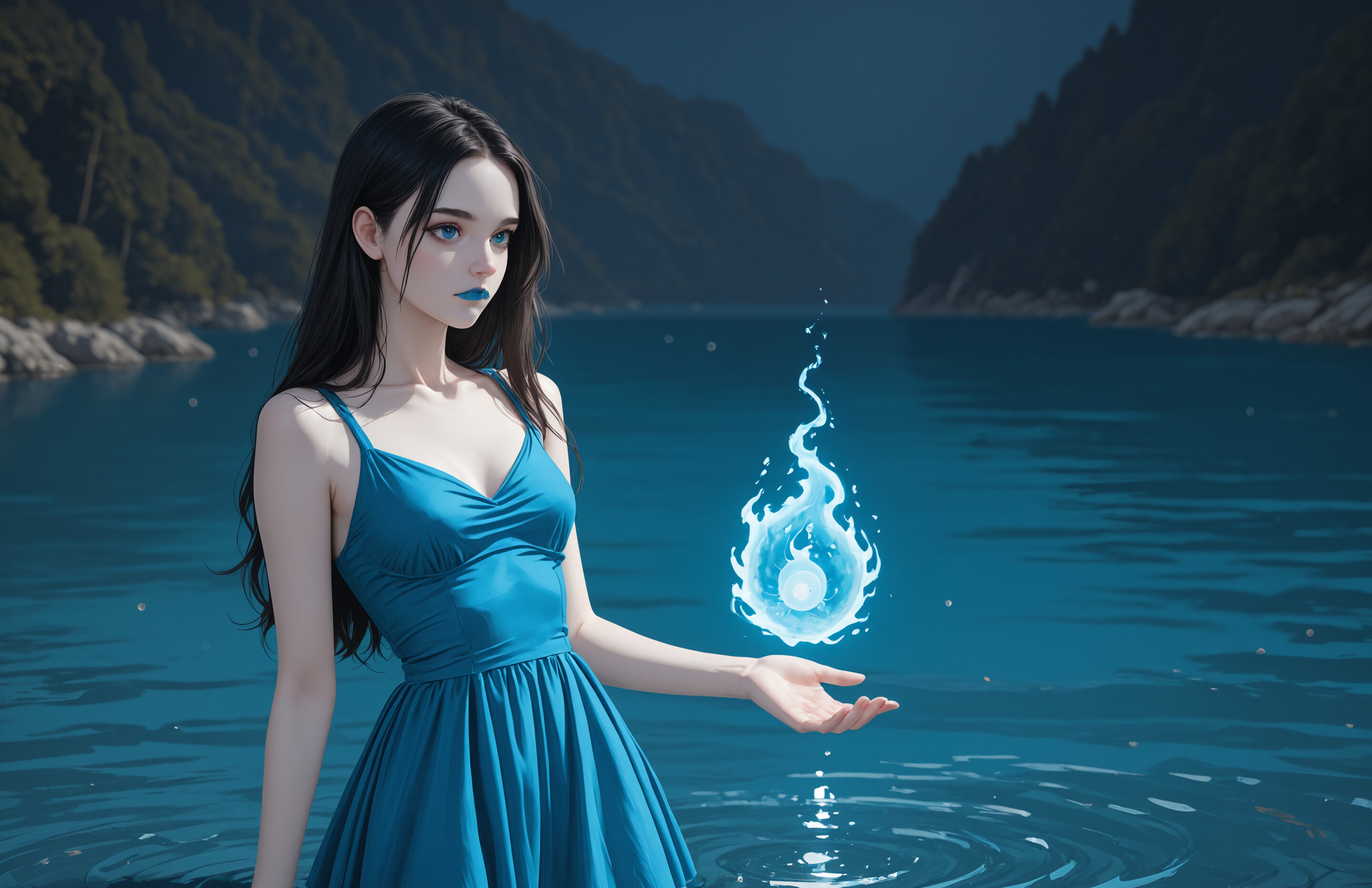 A fantasy illustration of a young woman with long dark hair, pale skin, and blue eyes, wearing a blue dress. A magical crown of glowing blue water swirls above her head as she stands in front of a pool.