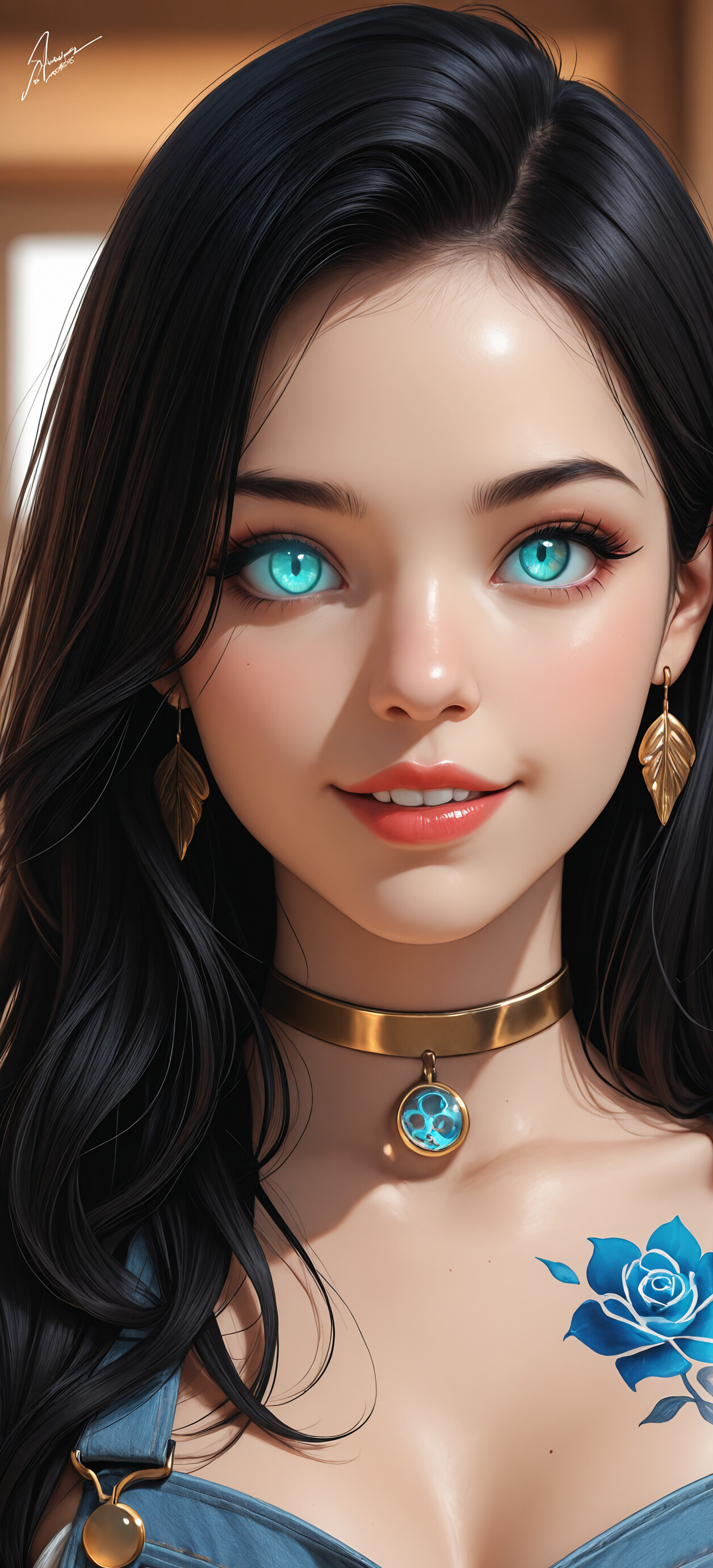A digital portrait of a young woman with long black hair, striking bright aqua-blue eyes, and fair skin. She wears gold earrings and a gold choker necklace and looks directly at the camera.