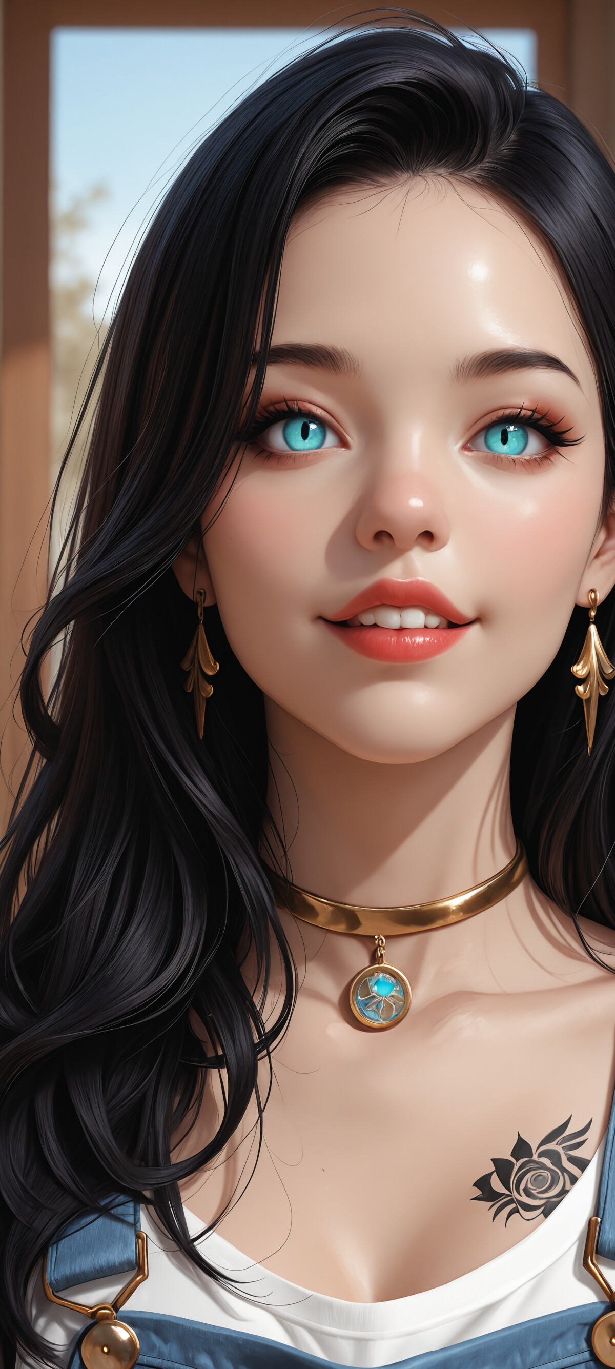 A digital portrait of a young woman with long black hair, large and very bright blue eyes, and a tattoo on her neck. She wears gold leaf earrings, a gold choker, and a matching gold necklace with blue pendants.