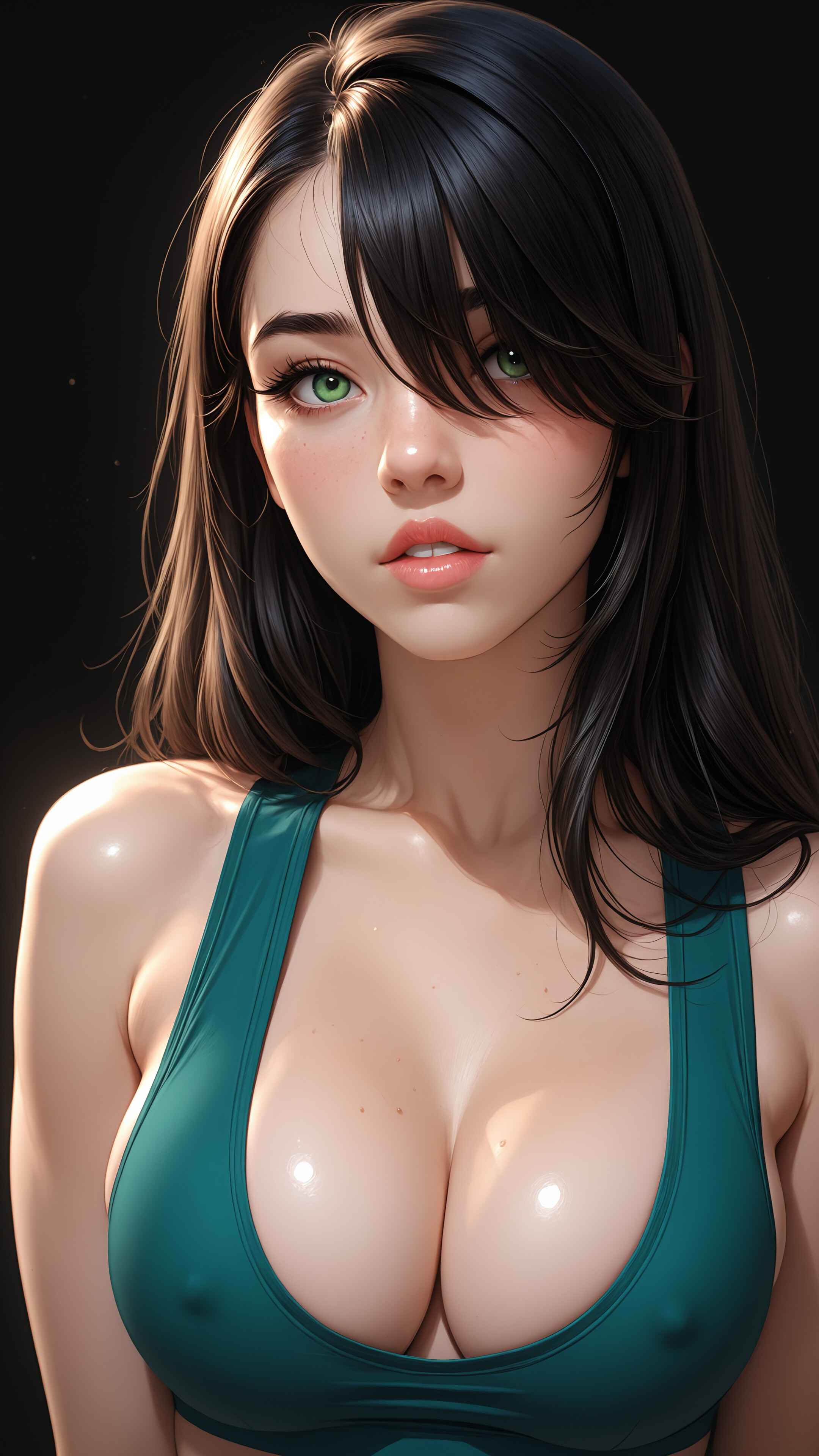 A highly detailed digital portrait of a young woman with long black hair, bright green eyes, and freckles. She is looking forward with a neutral expression against a black background.