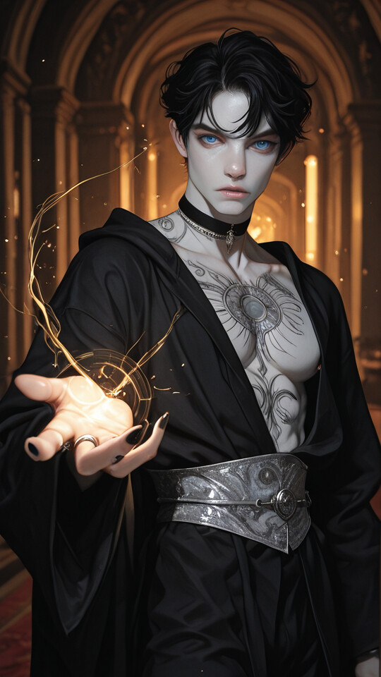 A young man with black hair, pale blue eyes, and intricate tattoos on his chest and arms stands in a dark hall. He wears an open black robe and holds a glowing ball of light in his hands.