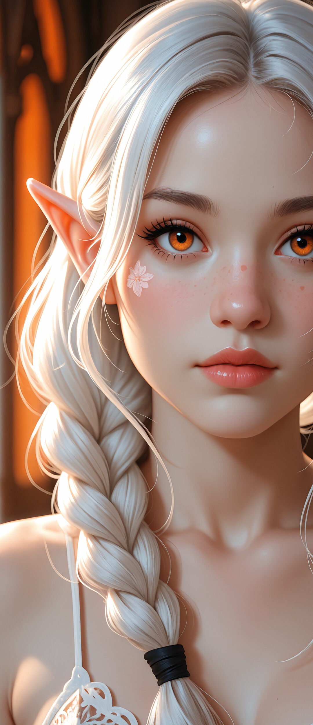 A close-up portrait of a young female elf with long, braided white hair, pointed ears, and captivating orange eyes. She has fair skin with light freckles and is looking directly at the viewer with a neutral expression.