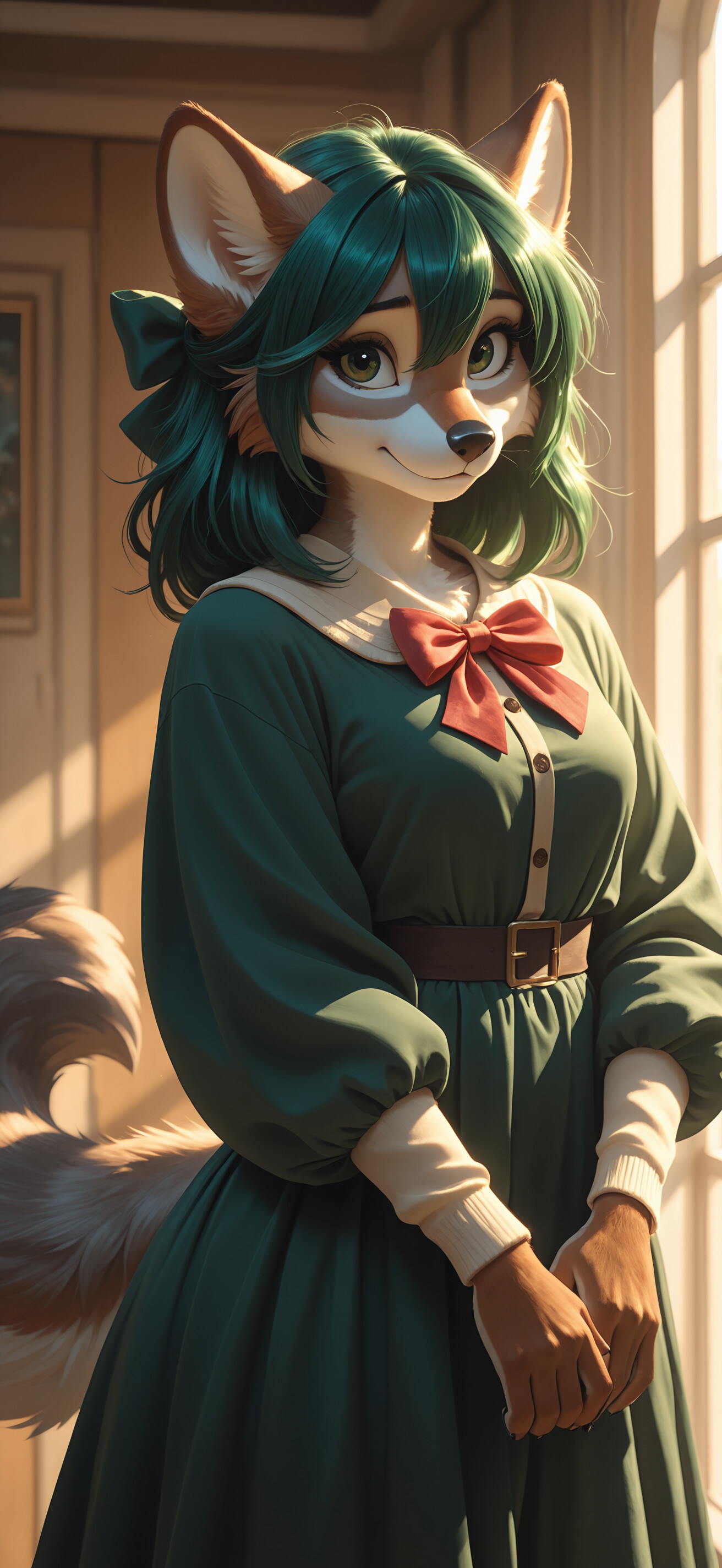 An anthropomorphic fox girl with long, dark green hair and green eyes. She is wearing a formal red and black outfit with a red bow tie, standing in a sunlit hallway and smiling shyly.