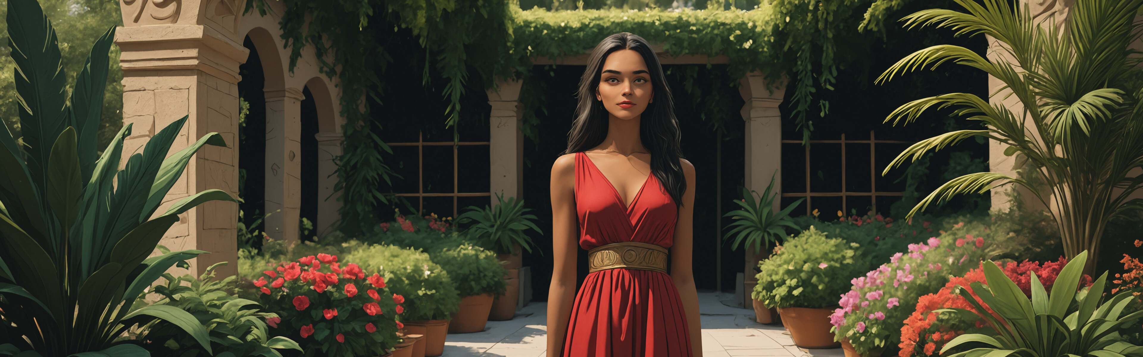 A half-body portrait of a beautiful young woman representing the Aztec goddess Xochiquetzal. She has dark skin, long black hair, and wears a red dress, a feathered headdress, and gold jewelry, standing in a green garden.