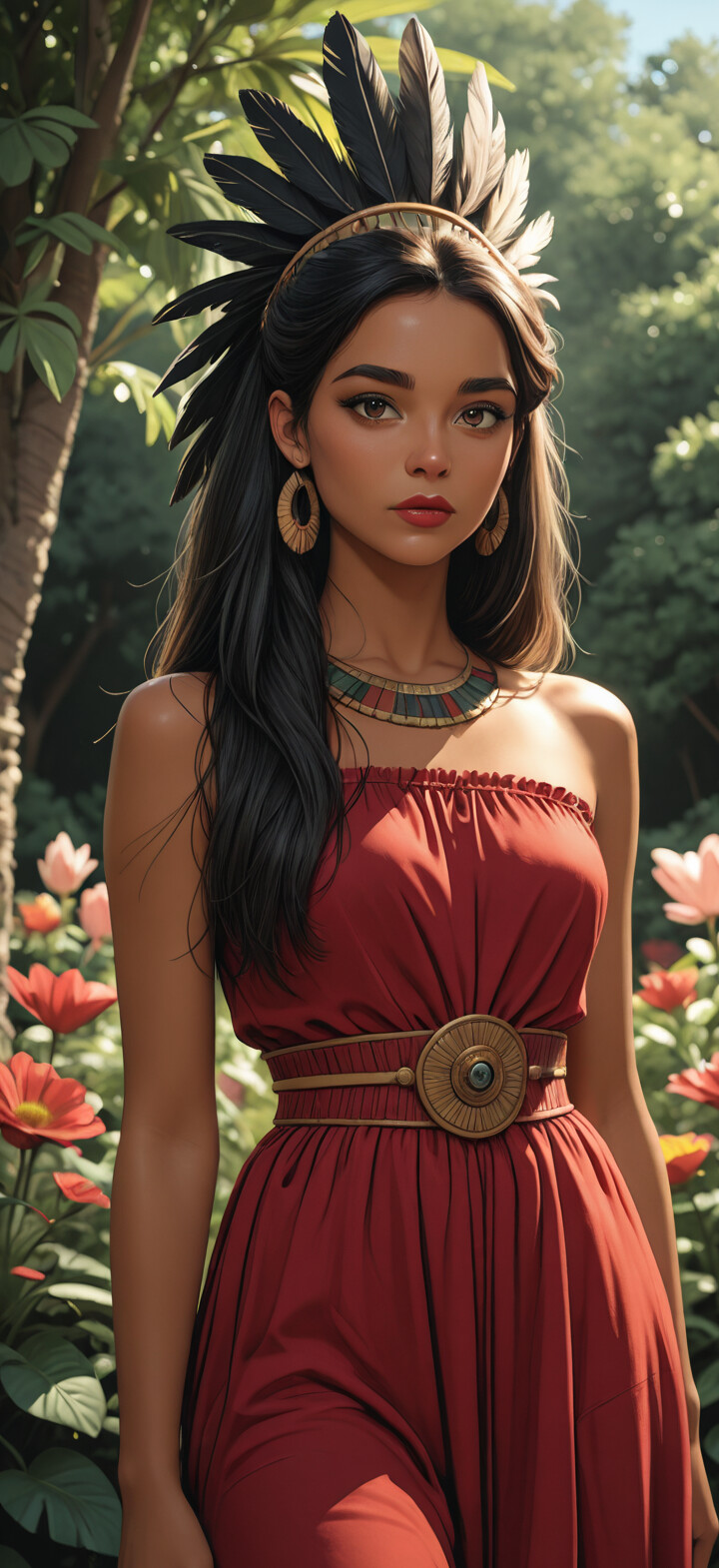 A half-body portrait of a beautiful young woman representing the Aztec goddess Xochiquetzal. She has dark skin, long black hair, and wears a red dress, a feathered headdress, and gold jewelry, standing in a green garden.
