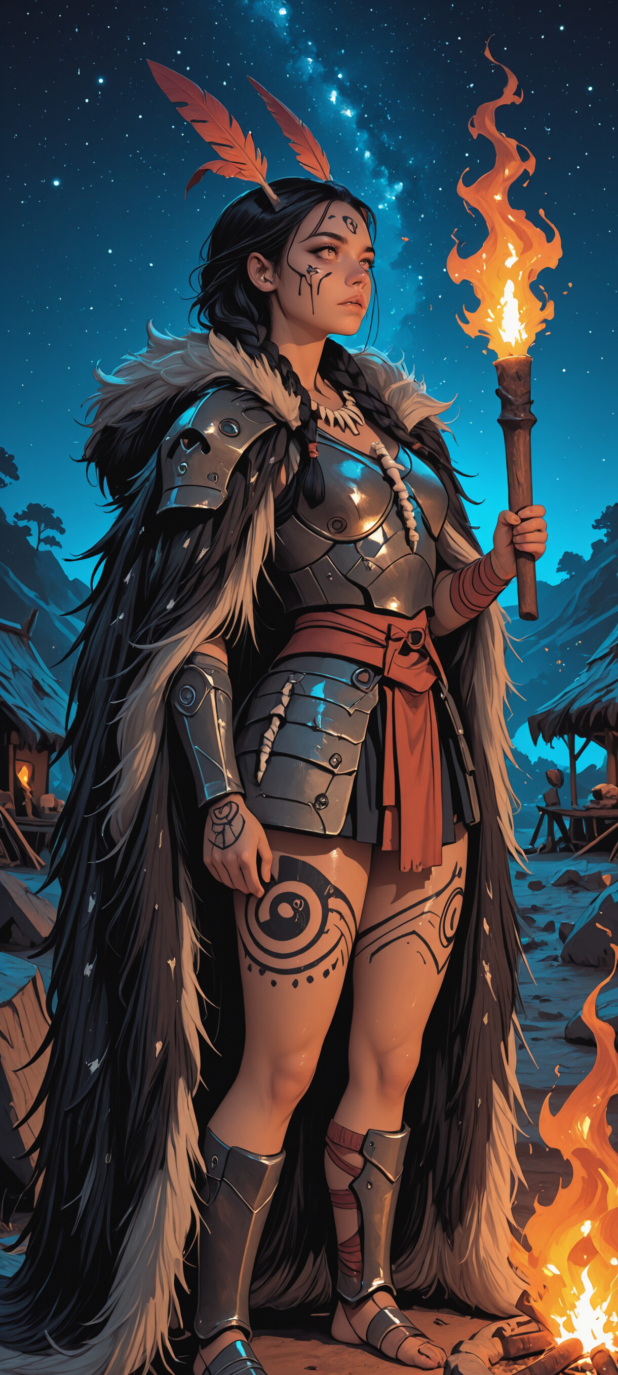 A full-body illustration of a female fantasy shaman in armor and a fur cloak, holding a flaming torch next to a bonfire under a starry night sky.