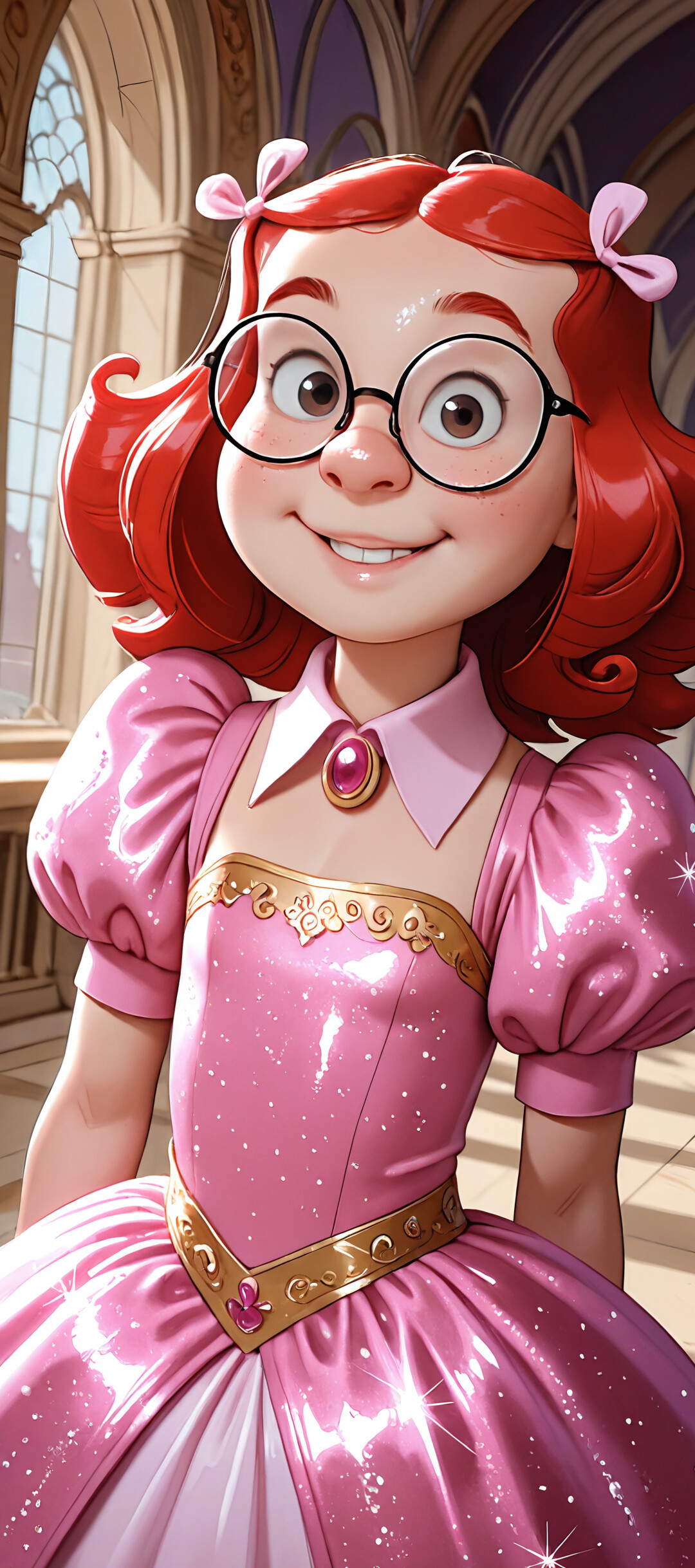 A digital illustration of Margaret Wade from Dennis the Menace, a young girl with red hair and glasses, smiling happily while wearing a sparkling pink princess gown inside a grand palace.
