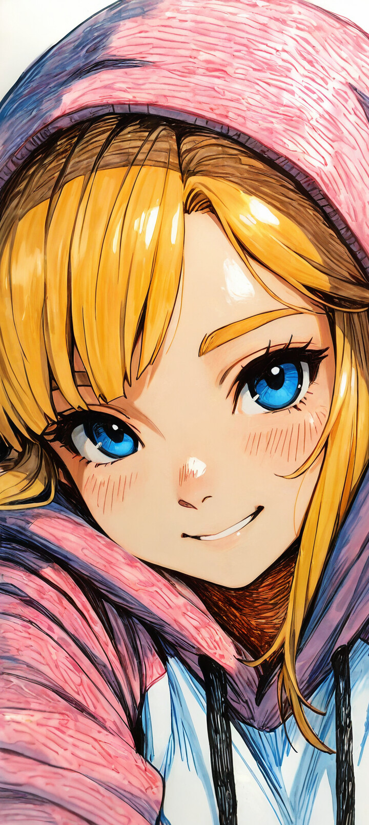 A close-up color sketch of Princess Zelda with blonde hair and bright blue eyes, smiling warmly while wearing a pink and blue hoodie with the hood up.