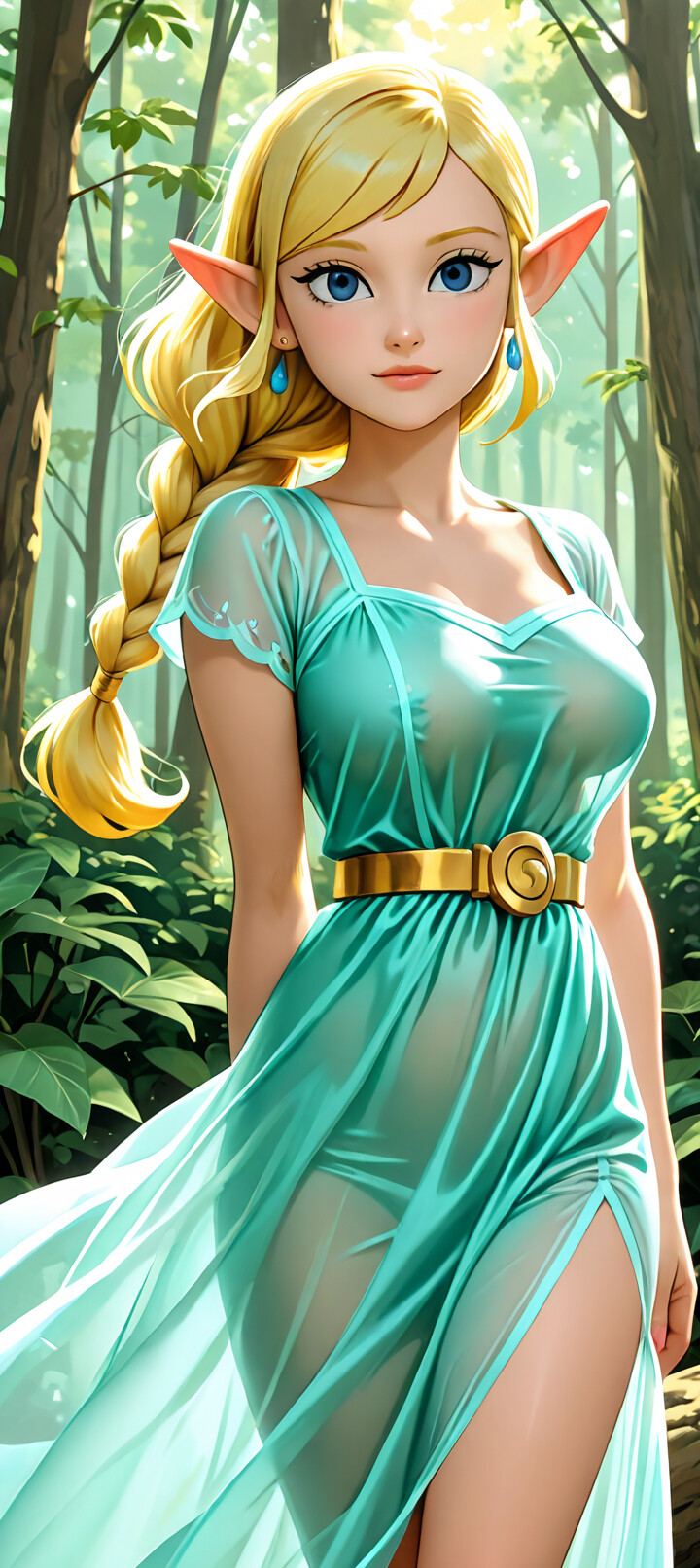 An illustration of Princess Zelda with long blonde hair in a braid, wearing a sheer aqua dress and blue earrings, standing in a lush green forest.