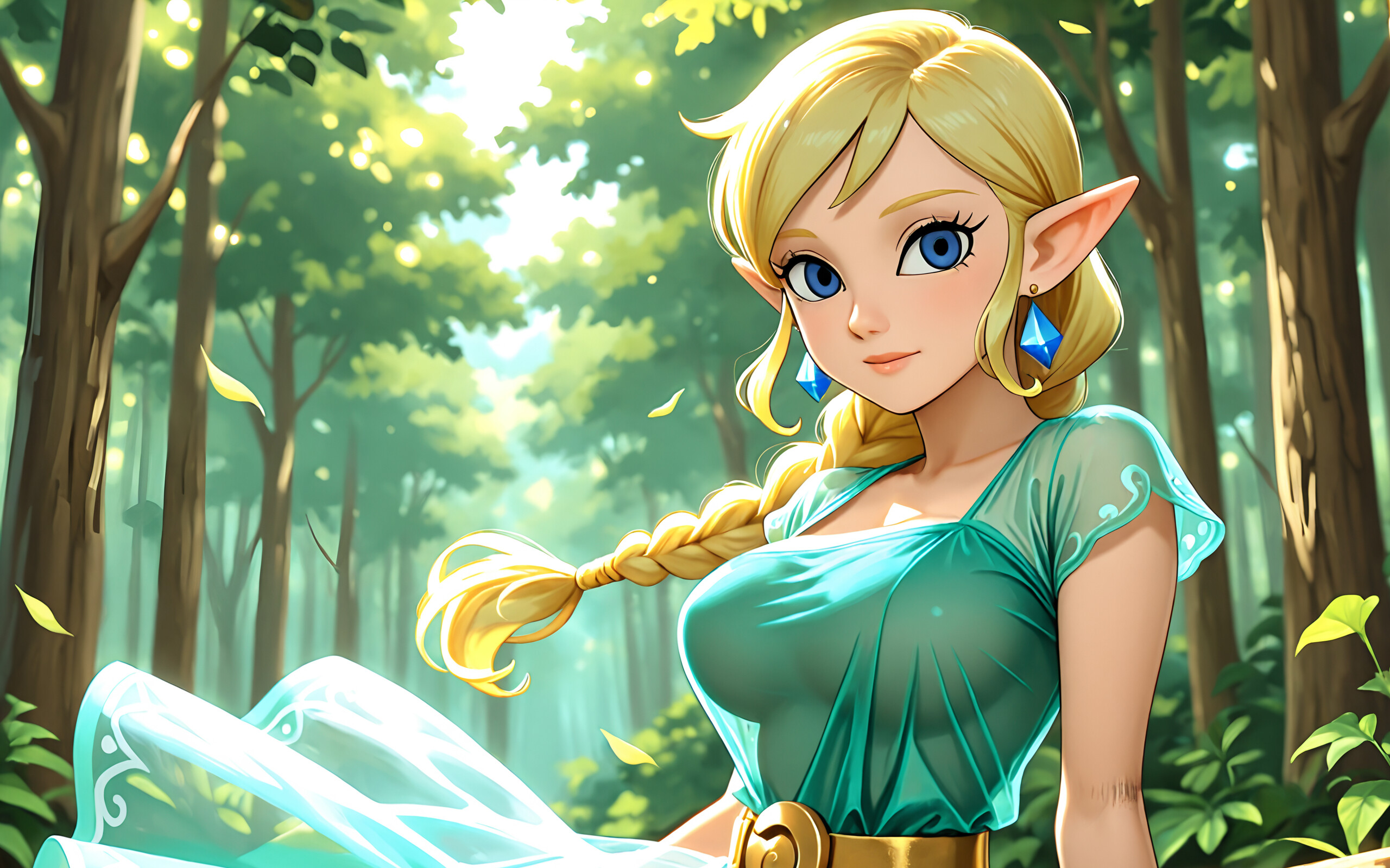 An illustration of Princess Zelda with long blonde hair in a braid, wearing a sheer aqua dress and blue earrings, standing in a lush green forest.
