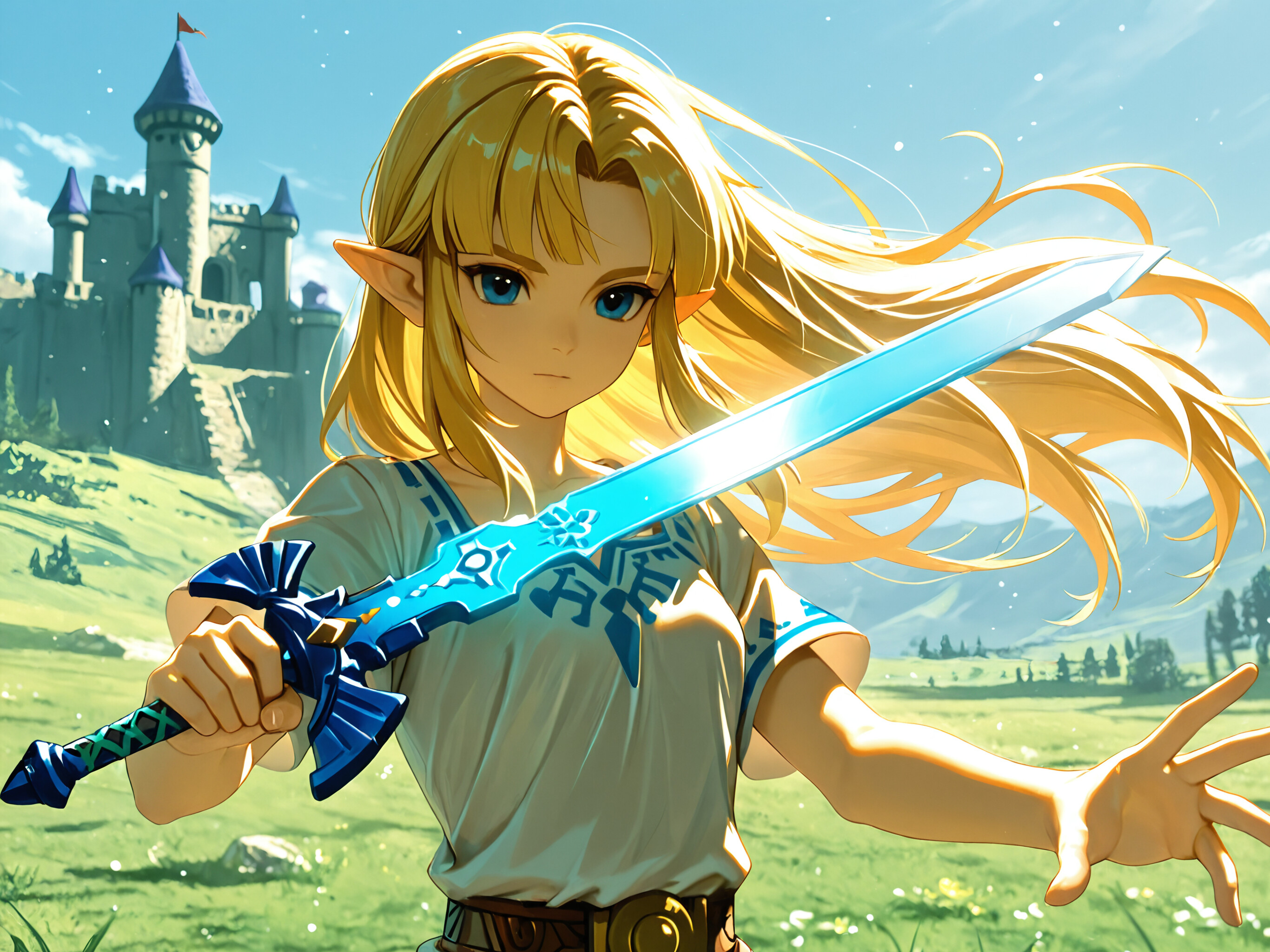 An anime-style illustration of Princess Zelda with long blonde hair, standing in profile and holding the blue Master Sword. In the background is a green field and a large castle.