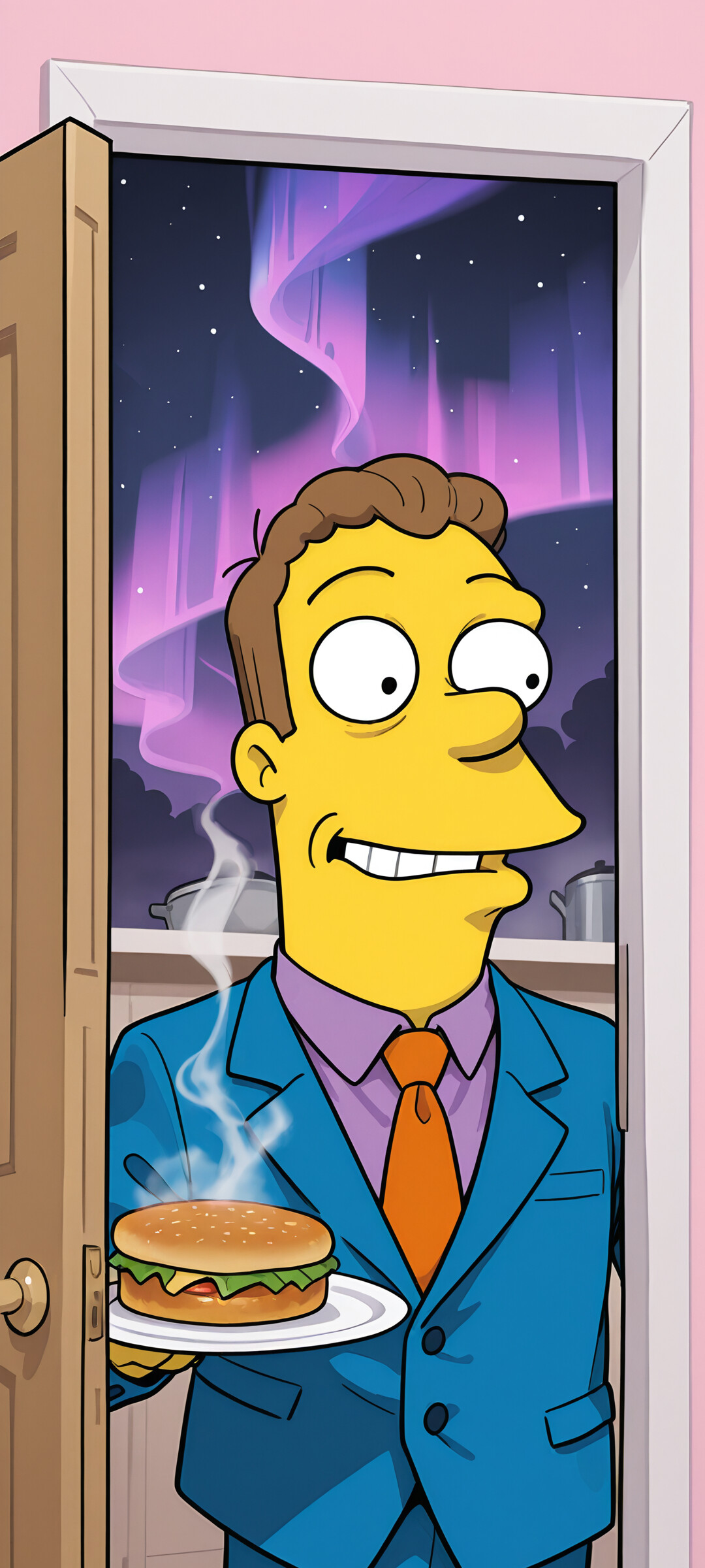 A green-skinned cartoon man in a blue suit, representing Principal Skinner from The Simpsons, smiles slyly as he holds out a plate of two steaming hamburgers in a doorway, recreating the 'Steamed Hams' meme.
