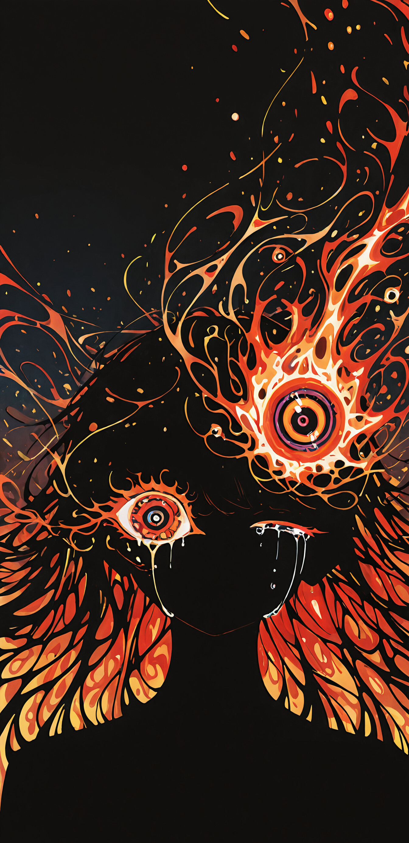 An abstract illustration of a black silhouette of a person's head and shoulders. A vibrant explosion of orange, red, and blue bursts from the eye area, featuring a large, stylized eyeball at its center. The background is a deep, dark blue.
