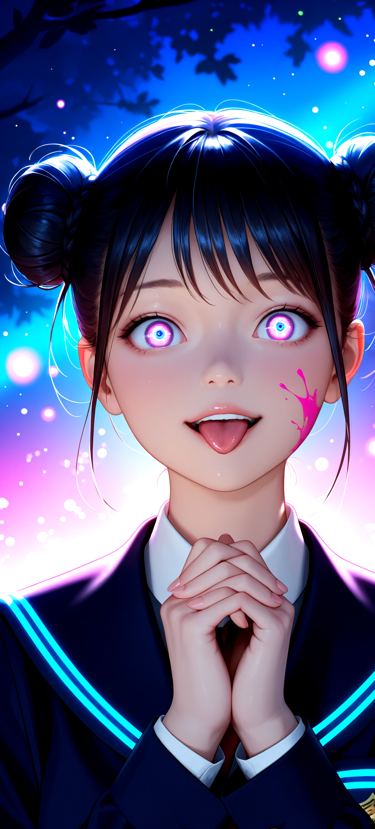 A close-up digital illustration of an anime-style girl with black hair in double buns and glowing yellow eyes. She has a playful yet unhinged expression, sticking her tongue out with a splash of pink paint on her cheek, set in a magical forest with purple and pink lighting.