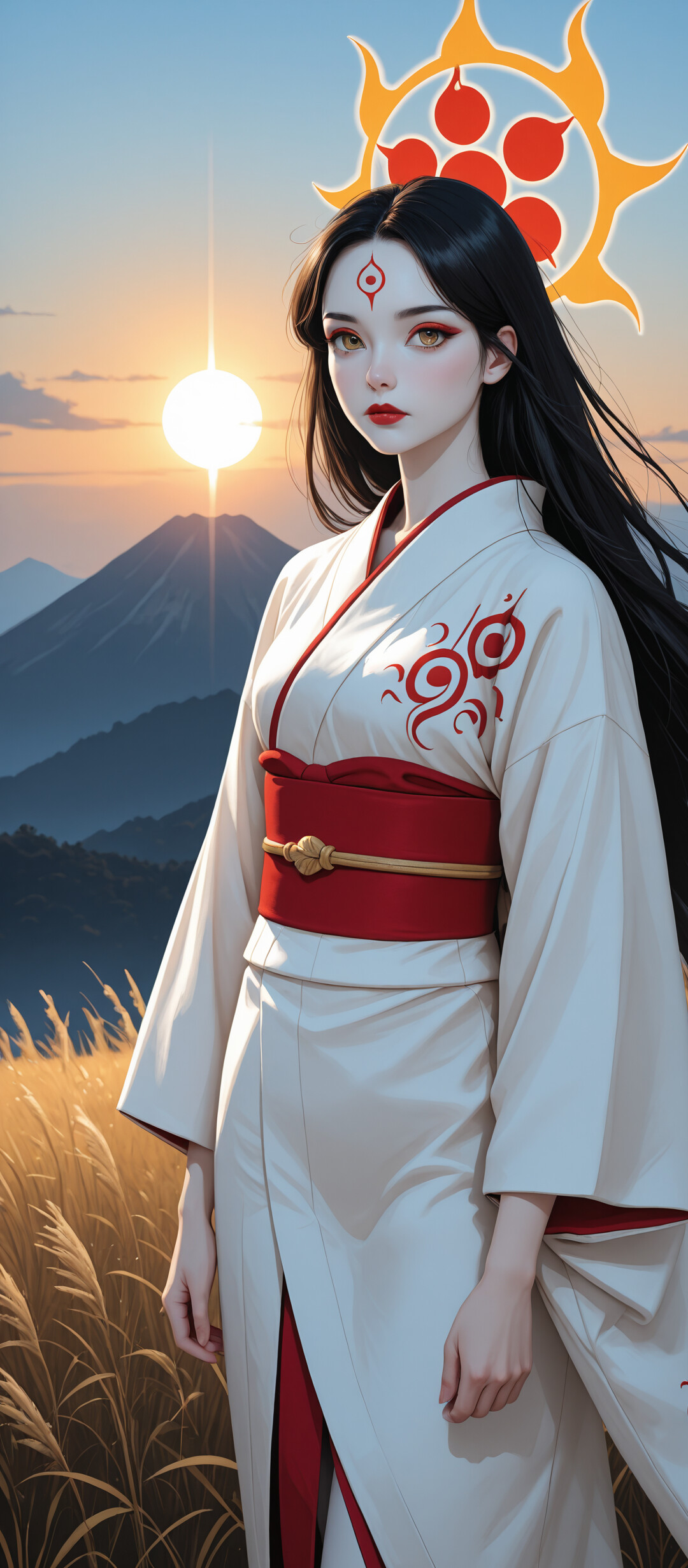A digital illustration of the Japanese sun goddess Amaterasu with long black hair and golden eyes. She is wearing a traditional white kimono with red patterns and a red obi, standing in a golden field at sunrise.