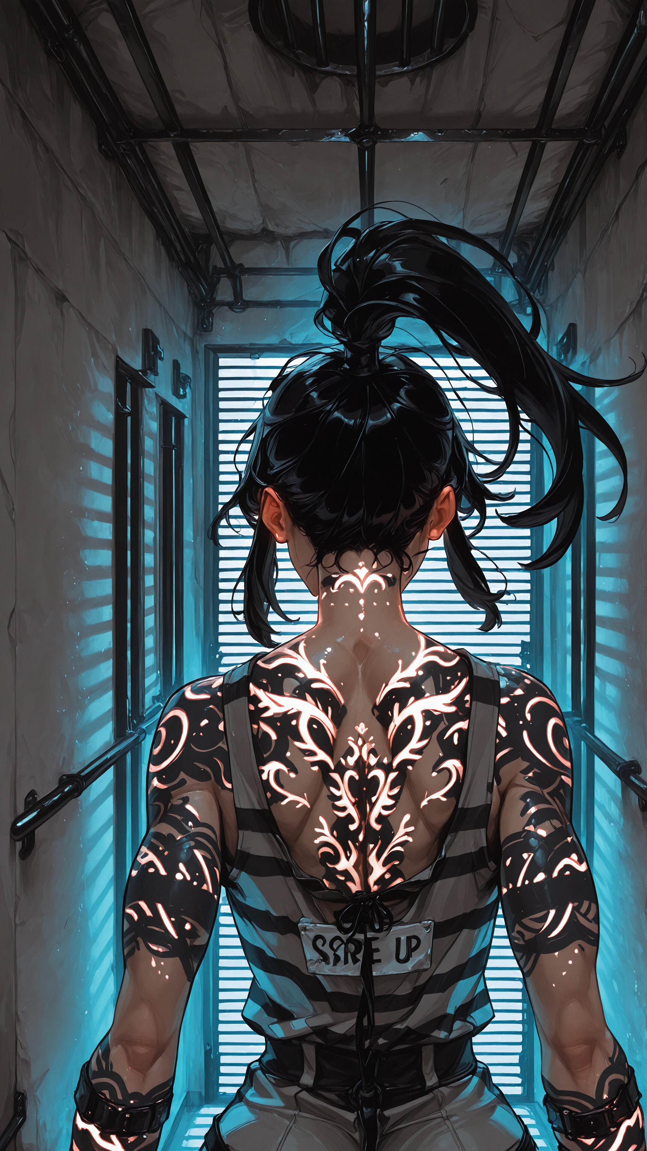 A rear view of a muscular woman with black hair in a high ponytail, standing in a corridor. Her back and arms are covered in intricate black tattoos that glow with a bright, warm light.