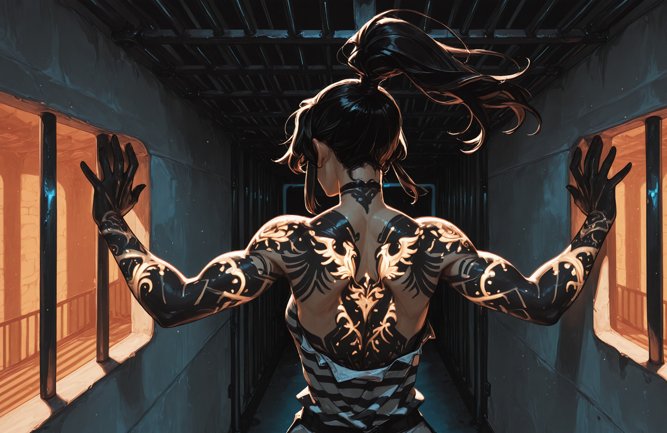 A rear view of a muscular woman with black hair in a high ponytail, standing in a corridor. Her back and arms are covered in intricate black tattoos that glow with a bright, warm light.