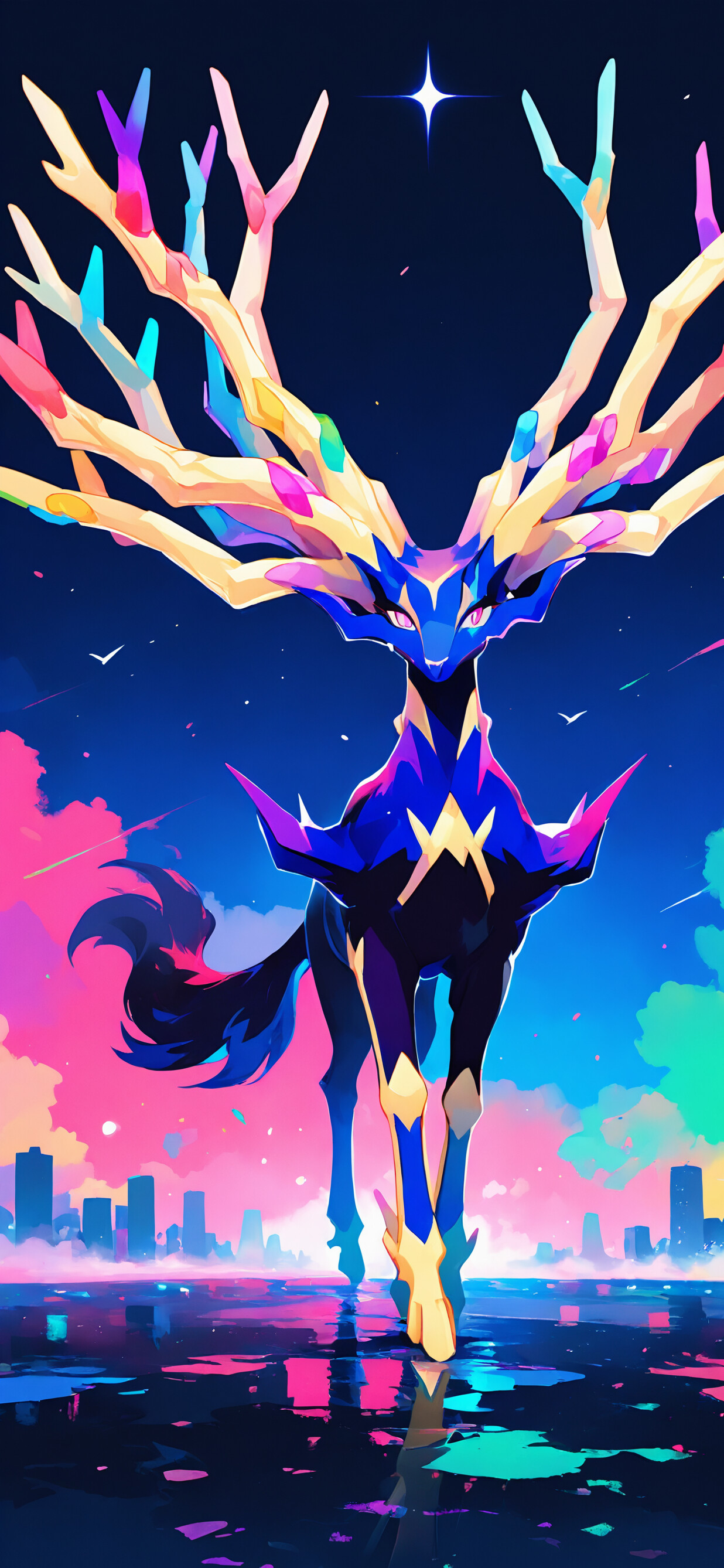 A full-body illustration of the Pokémon Xerneas. It is a blue and black deer-like creature with large, elaborate rainbow-colored antlers. It stands in a vibrantly colored, neon landscape under a starry night sky, reflected in the water at its feet.