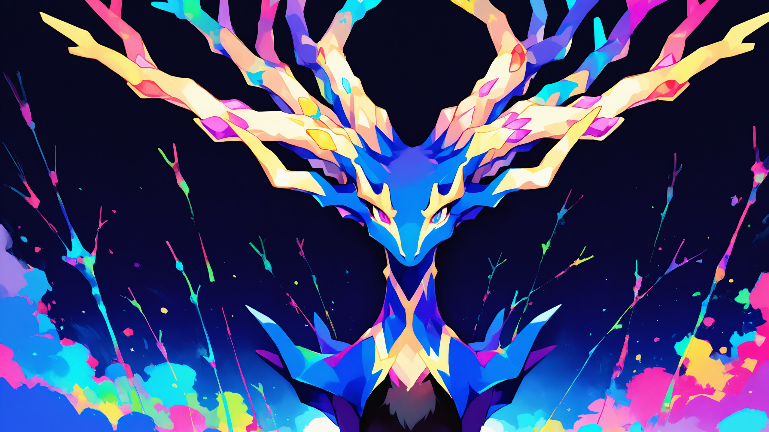 A full-body illustration of the Pokémon Xerneas. It is a blue and black deer-like creature with large, elaborate rainbow-colored antlers. It stands in a vibrantly colored, neon landscape under a starry night sky, reflected in the water at its feet.